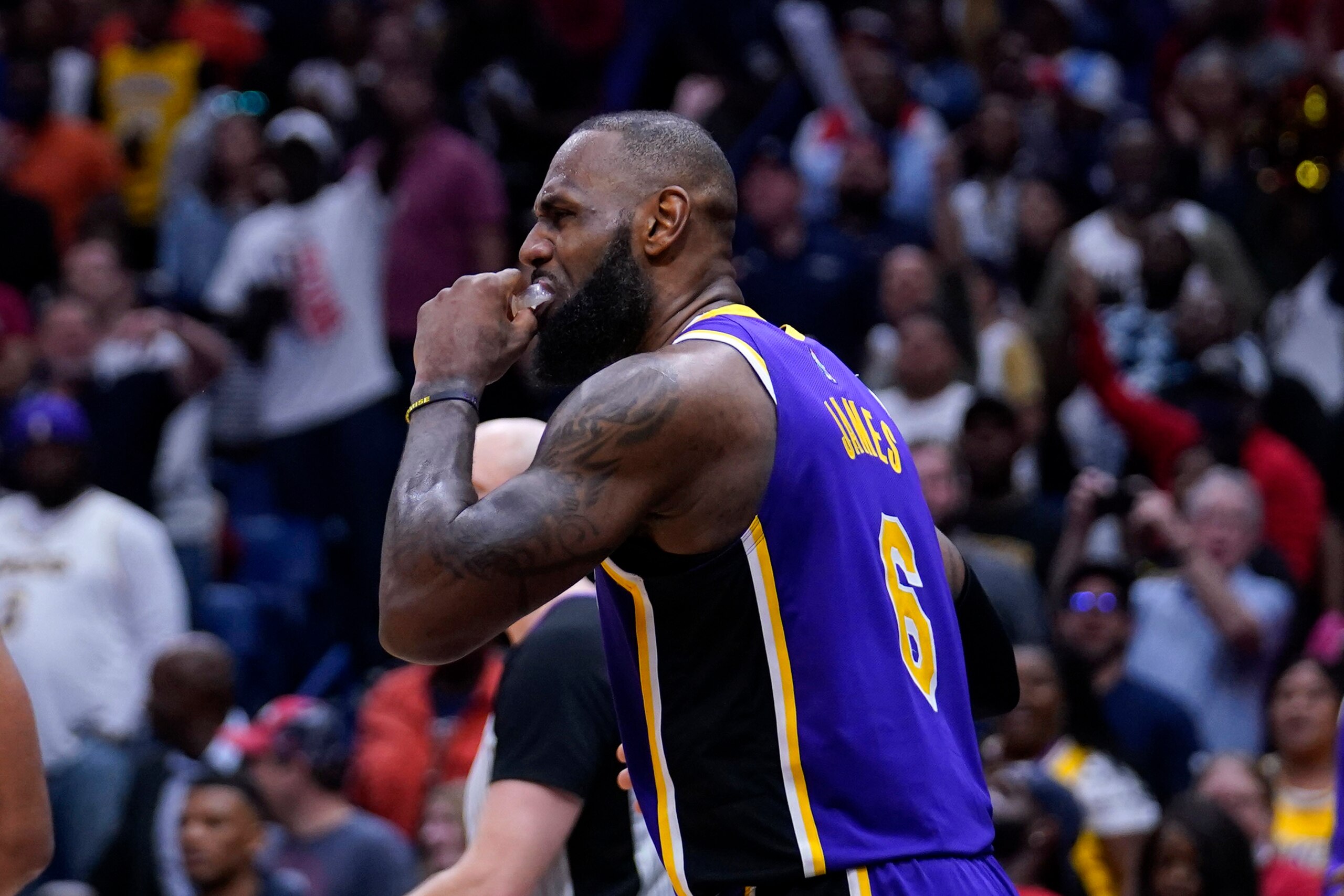 Los Angeles Lakers forward LeBron James (6) reacts after being called for goaltending late in the second half of an NBA basketball game against the New Orleans Pelicans in New Orleans, Sunday, March 27, 2022. The Pelicans won 116-108. (AP Photo/Gerald Herbert)