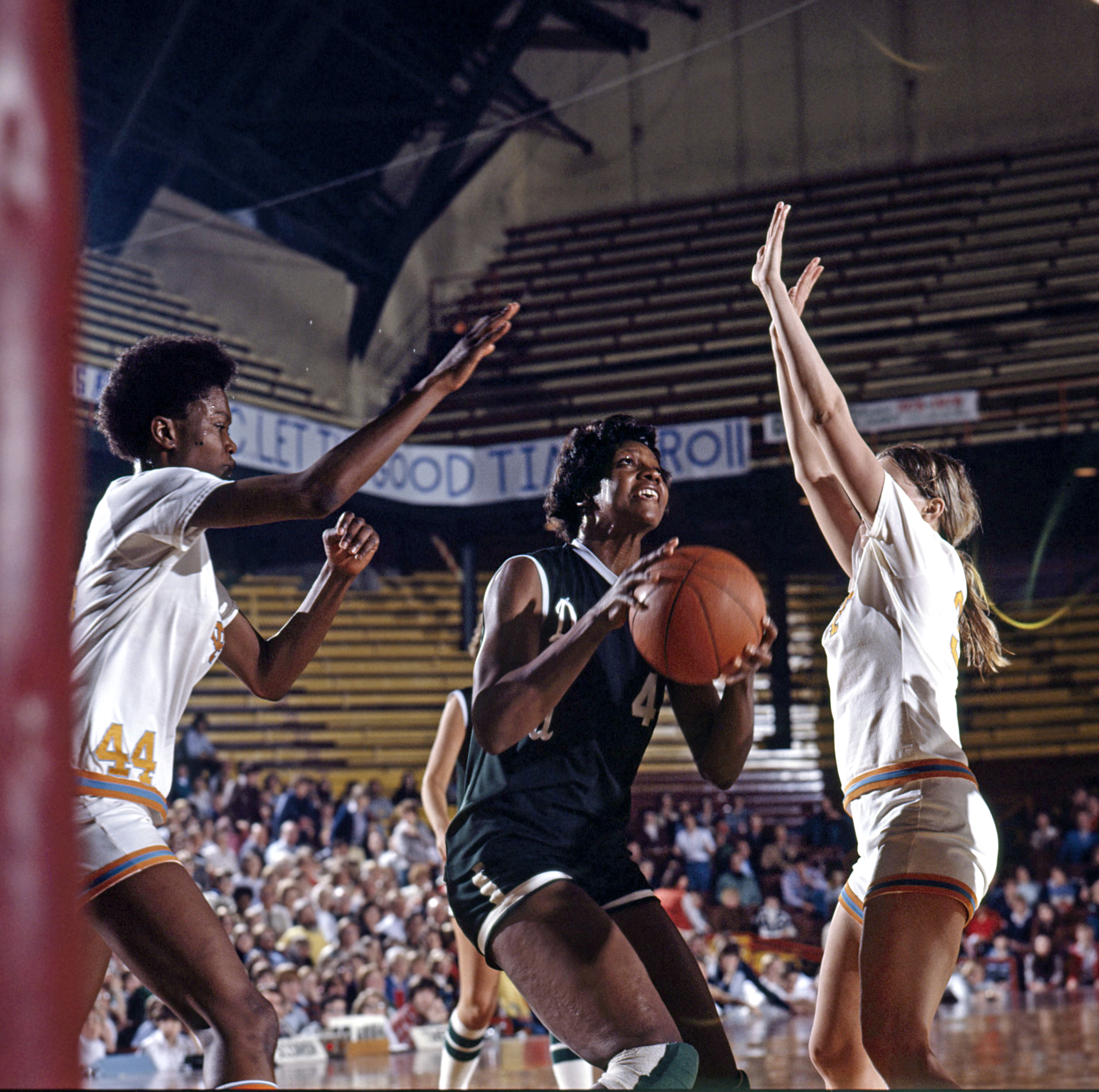 College Basketball: AIAW Semifinal: Delta State Lusia Harris (45) in action vs Tennessee at Williams arena.
Minneapolis, MN 3/25/1977
CREDIT: John G. Zimmerman (Photo by John G. Zimmerman /Sports Illustrated via Getty Images) College Basketball: AIAW Semifinal: Delta State Lusia Harris (45) in action vs Tennessee at Williams arena.
Minneapolis, MN 3/25/1977
CREDIT: John G. Zimmerman (Photo by John G. Zimmerman /Sports Illustrated via Getty Images)