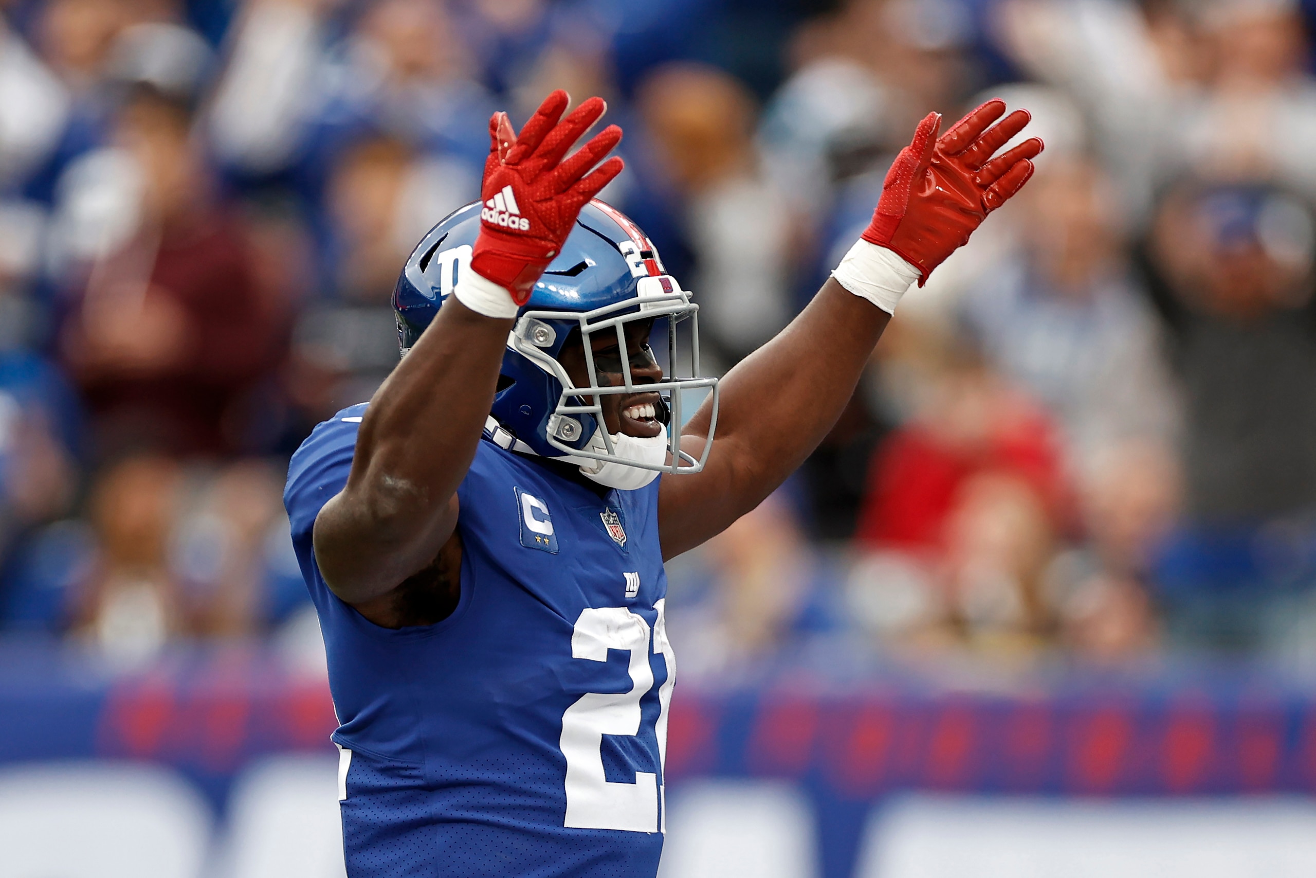 New York Giants free safety Jabrill Peppers (21) reacts to a safety against the Carolina Panthers during an NFL football game, Sunday, Oct. 24, 2021, in East Rutherford, N.J. (AP Photo/Adam Hunger)