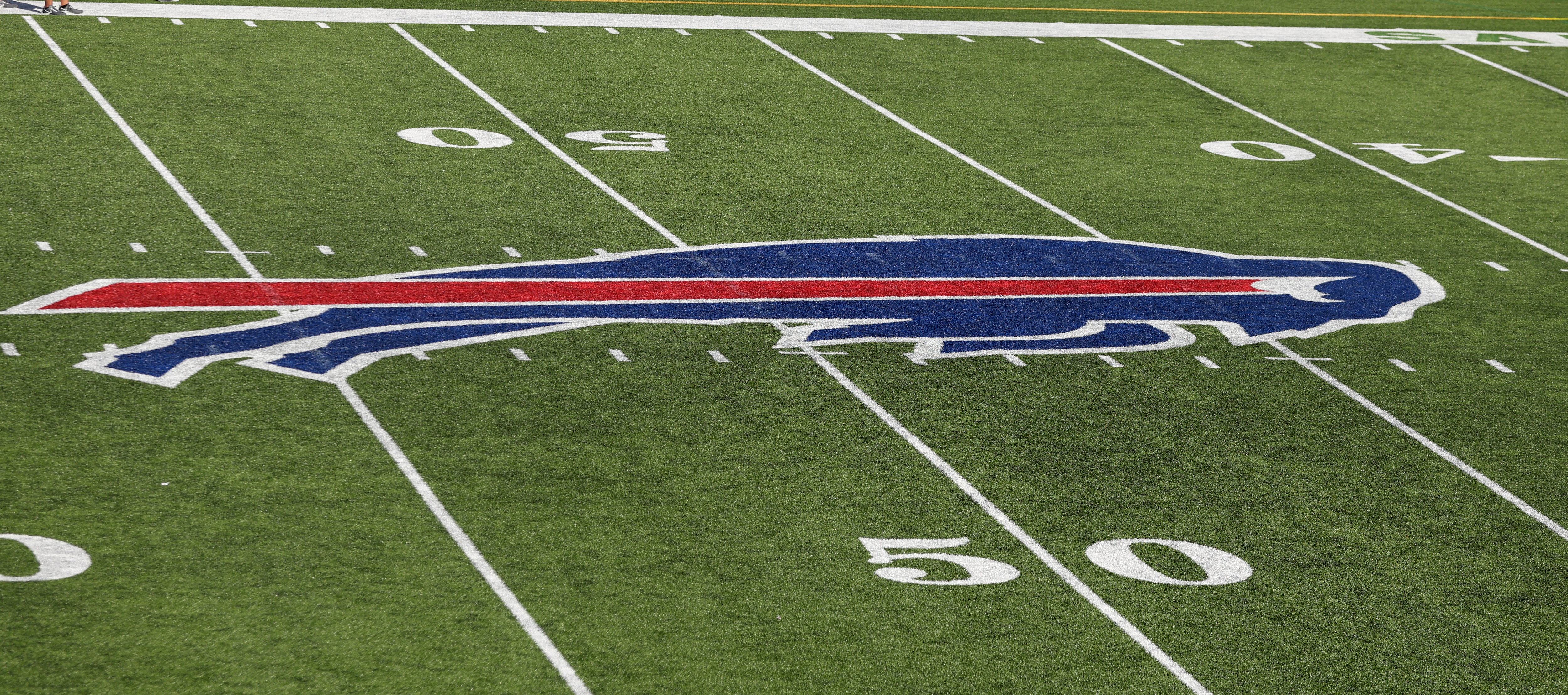 ORCHARD PARK, NY - NOVEMBER 08: A general view of the Buffalo Bills logo on the field before a game between the Buffalo Bills and the Seattle Seahawks at Bills Stadium on November 8, 2020 in Orchard Park, New York. (Photo by Timothy T Ludwig/Getty Images)
