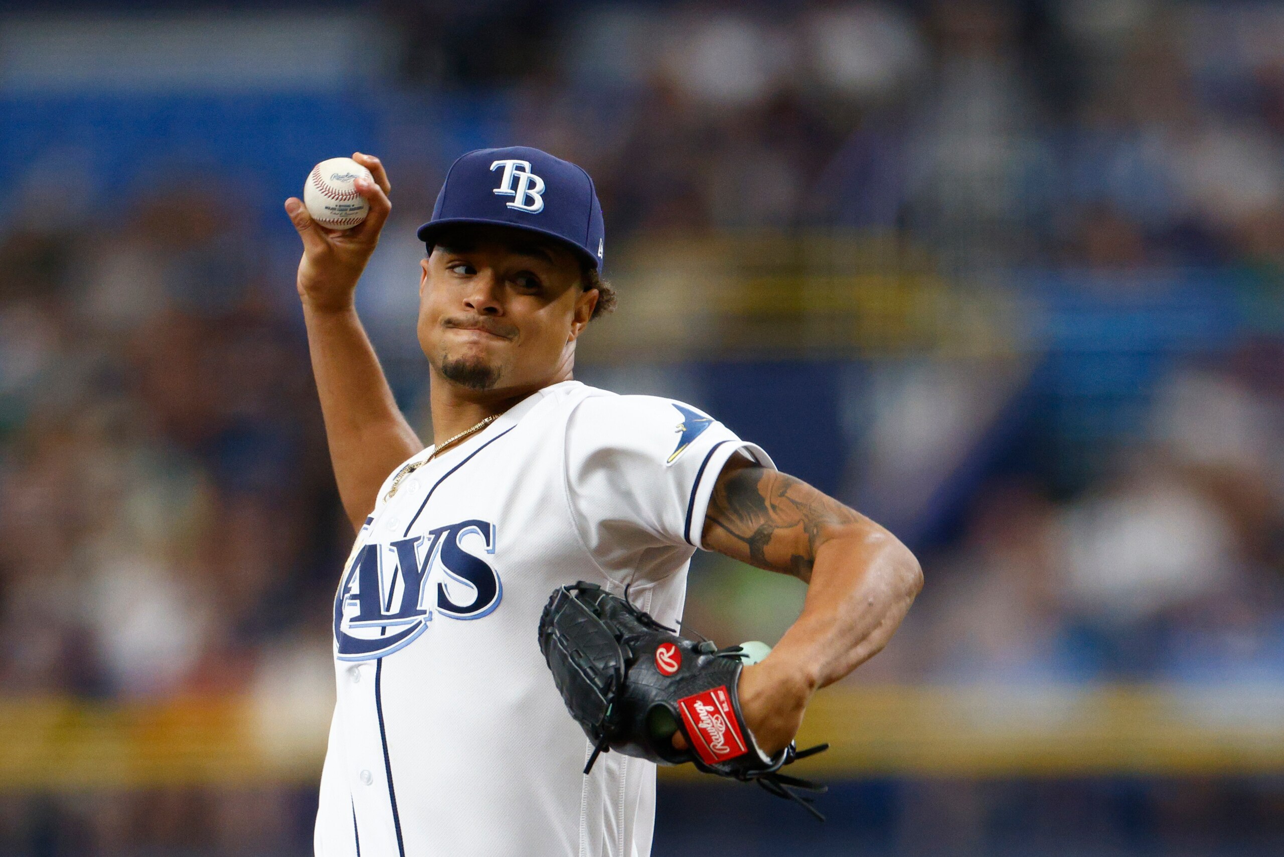 ST PETERSBURG, FLORIDA - SEPTEMBER 04: Chris Archer #22 of the Tampa Bay Rays throws a pitch during the second inning against the Minnesota Twins at Tropicana Field on September 04, 2021 in St Petersburg, Florida. (Photo by Douglas P. DeFelice/Getty Images)