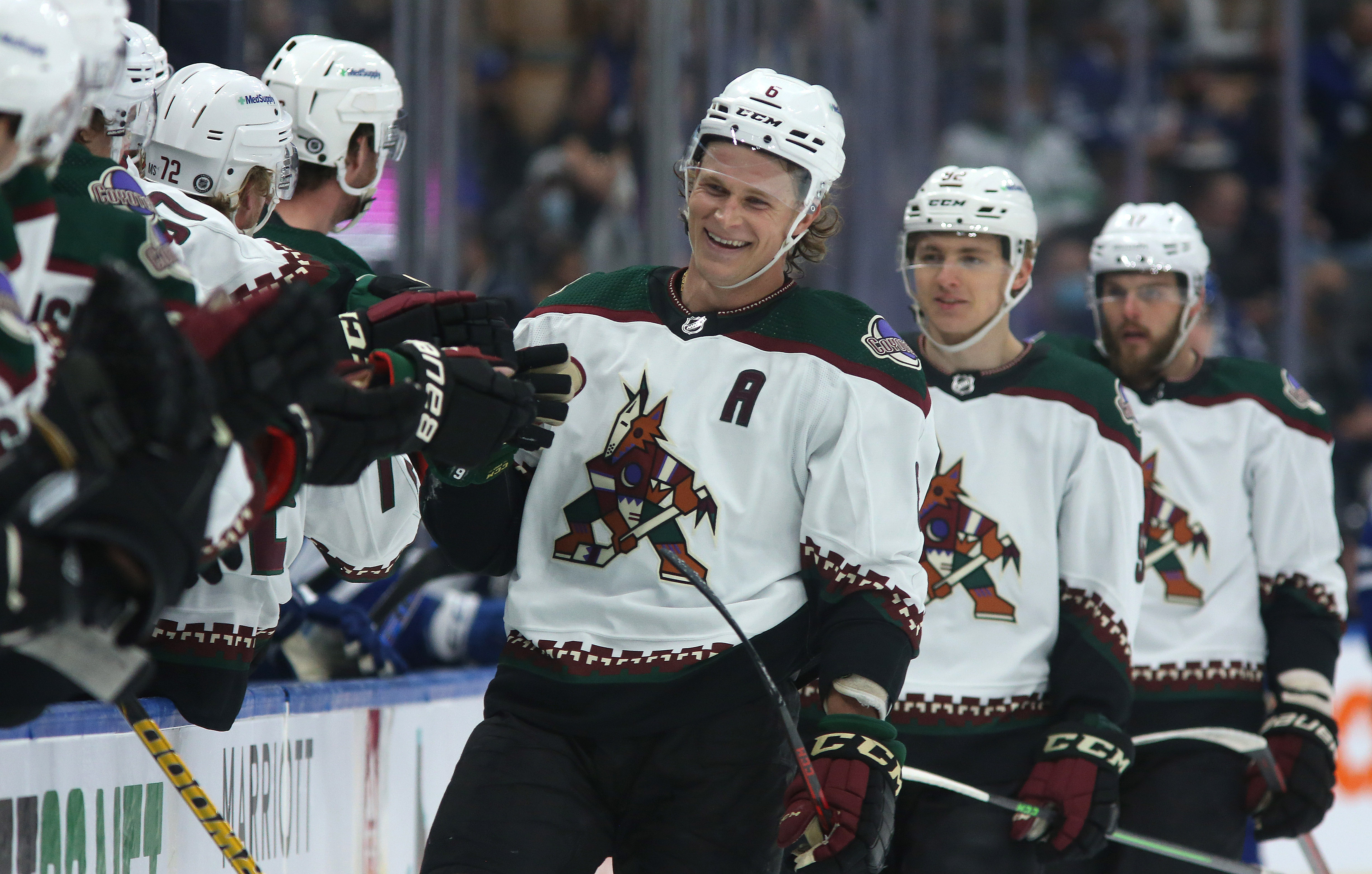 TORONTO, ON- MARCH 10  - Arizona Coyotes defenseman Jakob Chychrun (6) celebrates after scoring the second goal of the game as the Toronto Maple Leafs play the Arizona Coyotes at Scotiabank Arena in Toronto. March 10, 2022.        (Steve Russell/Toronto Star via Getty Images)