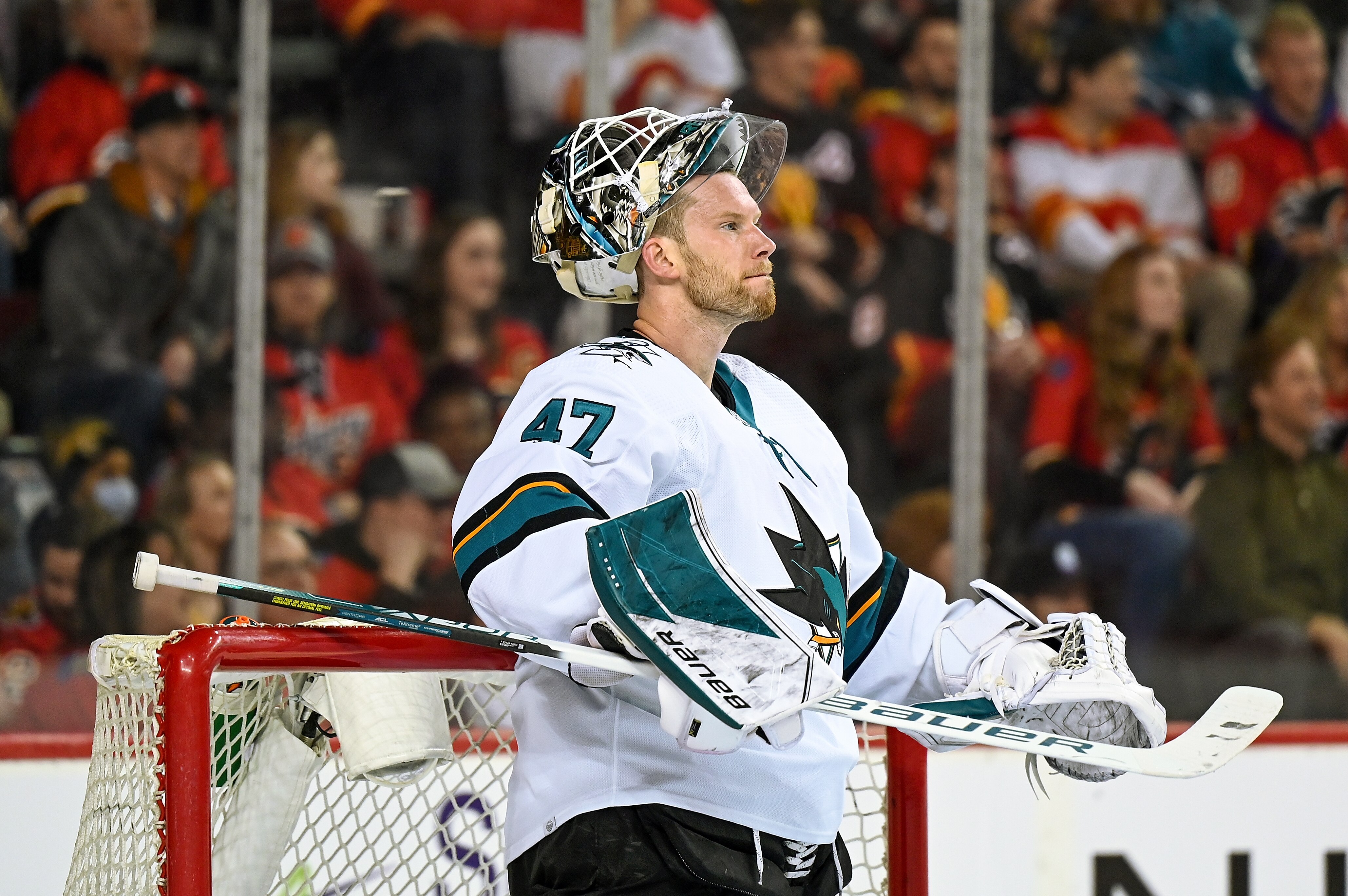 CALGARY, AB - MARCH 22: San Jose Sharks Goalie James Reimer (47) looks on during the second period of an NHL game where the Calgary Flames hosted the San Jose Sharks on March 22, 2022, at the Scotiabank Saddledome in Calgary, AB. (Photo by Brett Holmes/Icon Sportswire via Getty Images)