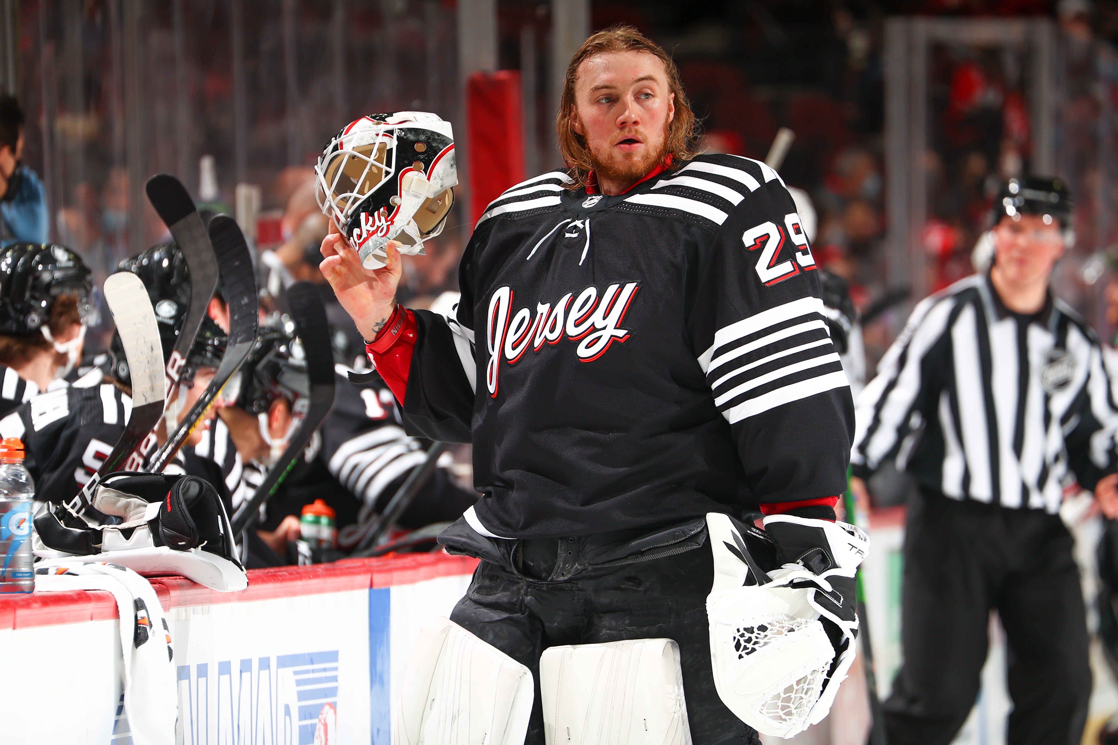 NEWARK, NJ - JANUARY 19:  New Jersey Devils goaltender Mackenzie Blackwood #29 at the bench  during the National Hockey League game between the New Jersey Devils and the Phoenix Coyotes on January 19, 2022 at the Prudential Center in Newark, New Jersey  (Photo by Rich Graessle/Getty Images)