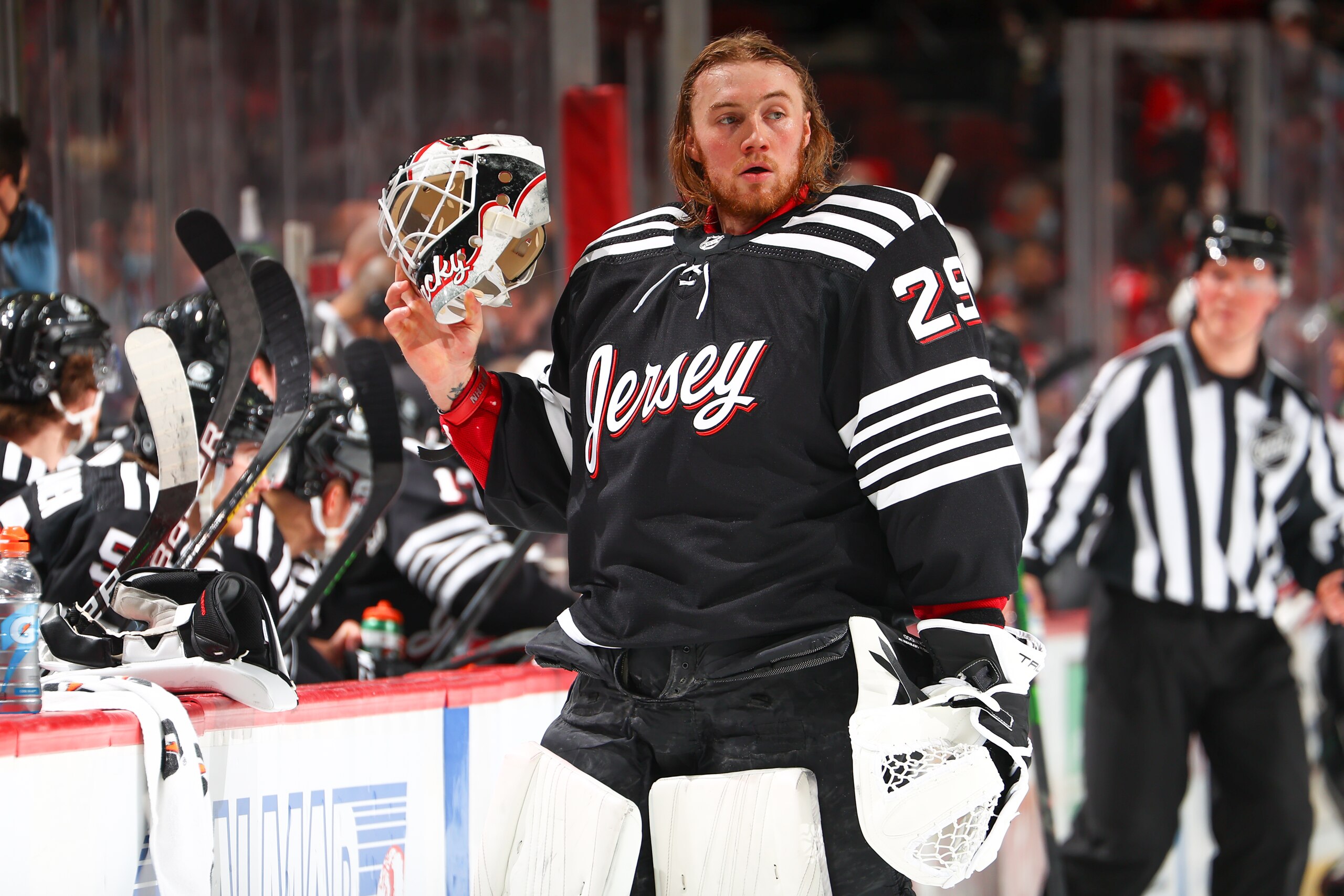 NEWARK, NJ - JANUARY 19:  New Jersey Devils goaltender Mackenzie Blackwood #29 at the bench  during the National Hockey League game between the New Jersey Devils and the Phoenix Coyotes on January 19, 2022 at the Prudential Center in Newark, New Jersey  (Photo by Rich Graessle/Getty Images)