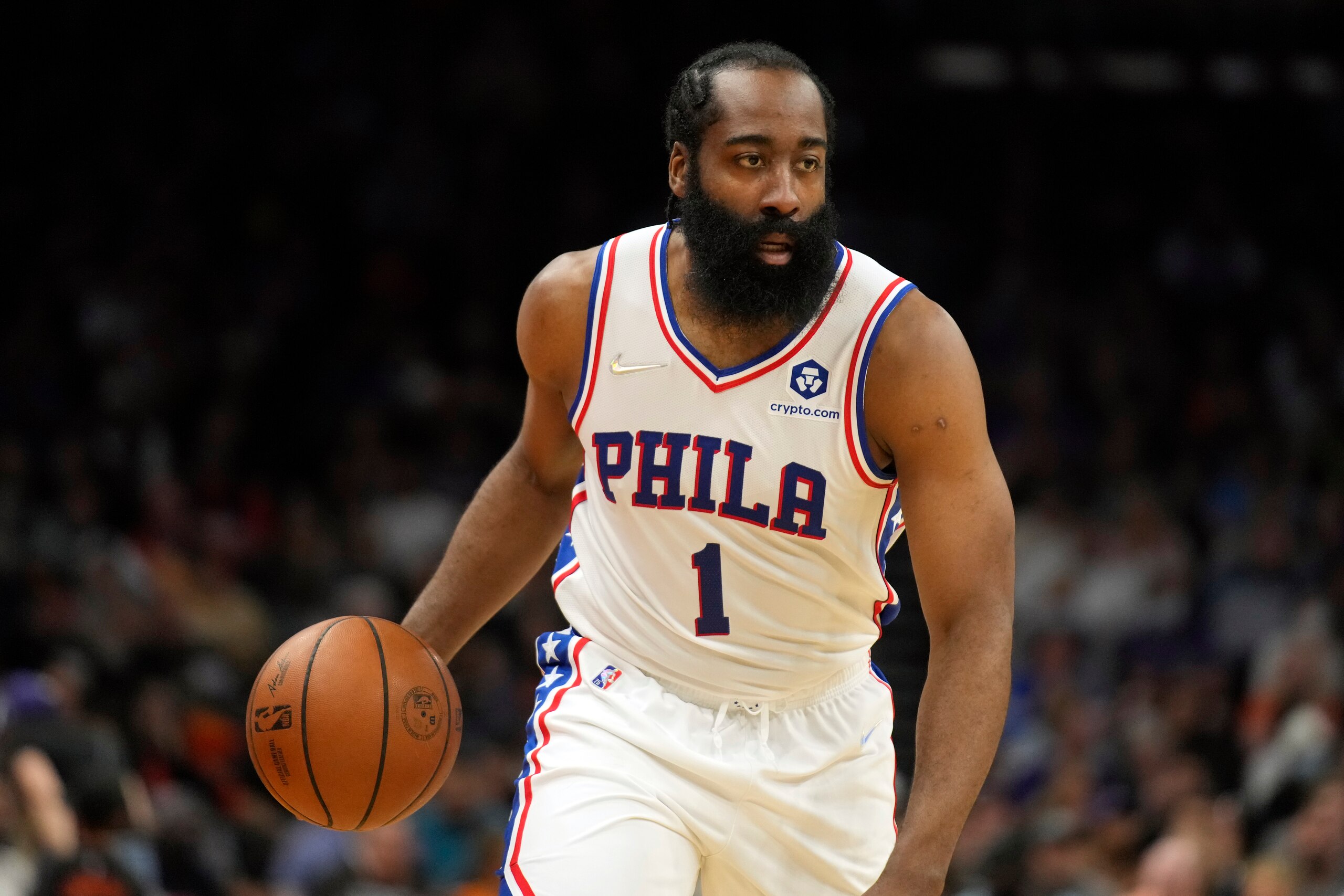 Philadelphia 76ers guard James Harden (1) during the first half of an NBA basketball game against the Phoenix Suns, Sunday, March 27, 2022, in Phoenix. (AP Photo/Rick Scuteri) Philadelphia 76ers guard James Harden (1) during the first half of an NBA basketball game against the Phoenix Suns, Sunday, March 27, 2022, in Phoenix. (AP Photo/Rick Scuteri)