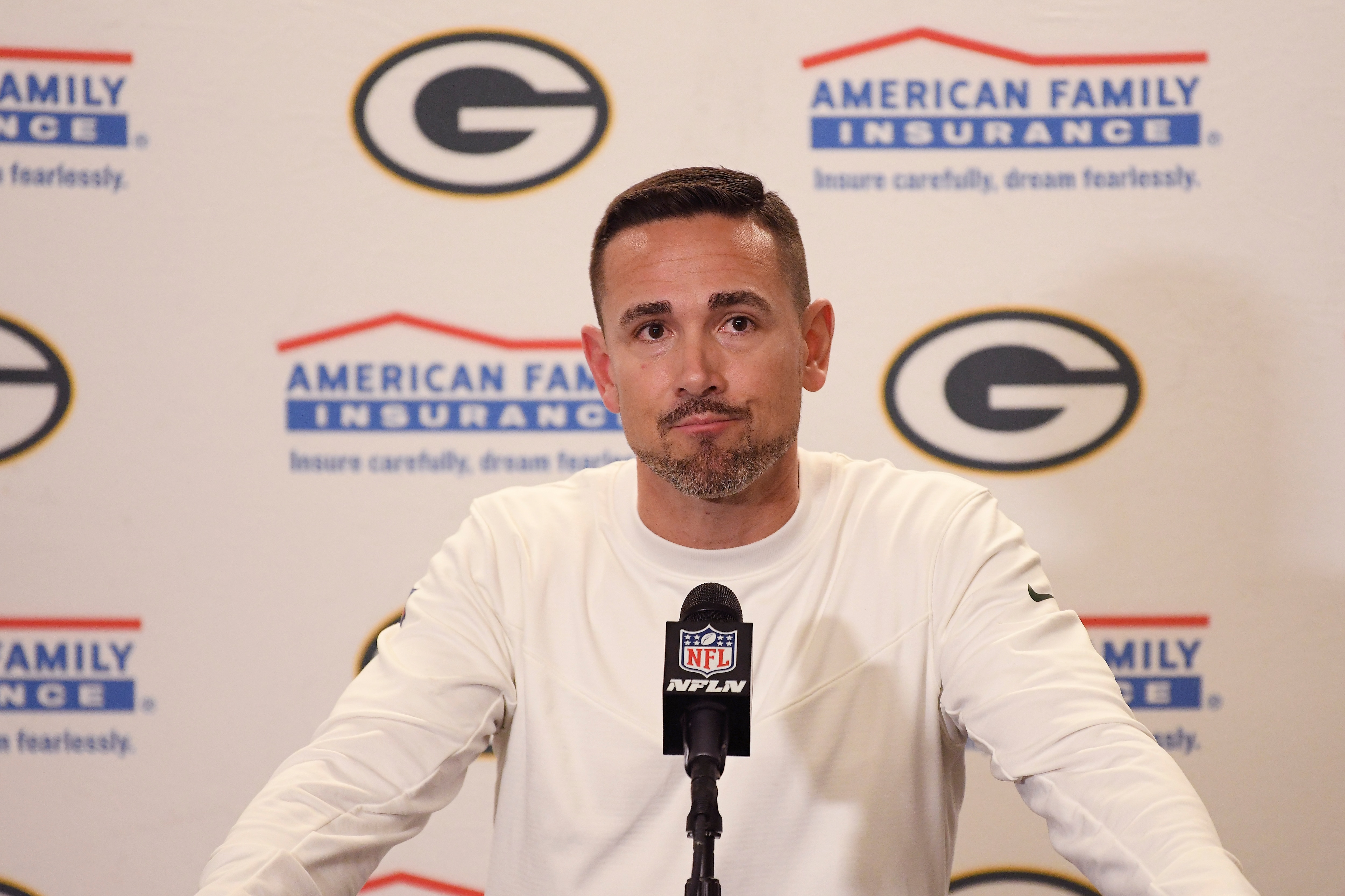 Green Bay Packers head coach Matt LaFleur addresses the media after an NFL football game against the Detroit Lions, Sunday, Jan. 9, 2022, in Detroit. (AP Photo/Lon Horwedel)