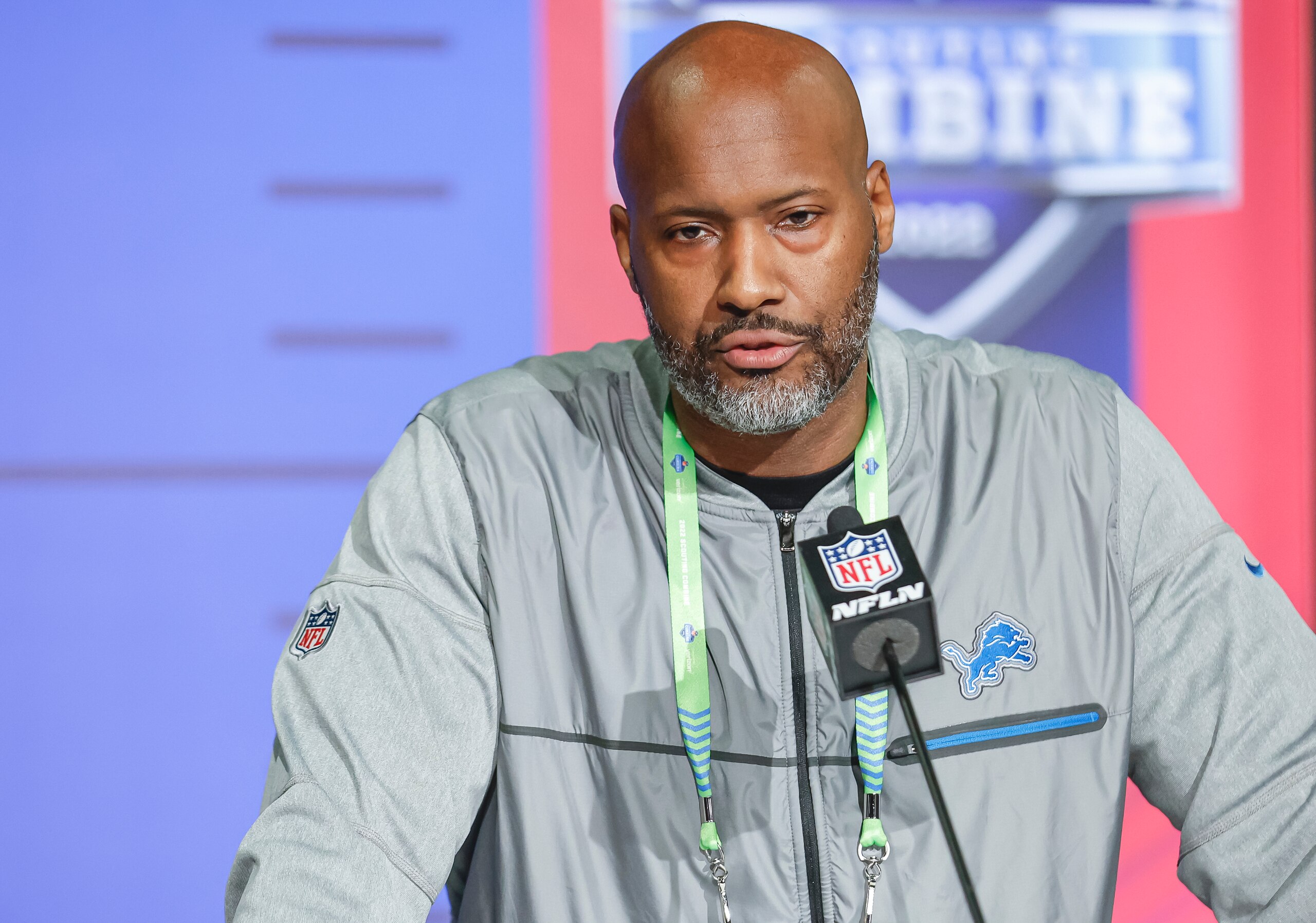 INDIANAPOLIS, IN - MAR 01: Brad Holmes, general manager of the Detroit Lions speaks to reporters during the NFL Draft Combine at the Indiana Convention Center on March 1, 2022 in Indianapolis, Indiana. (Photo by Michael Hickey/Getty Images)