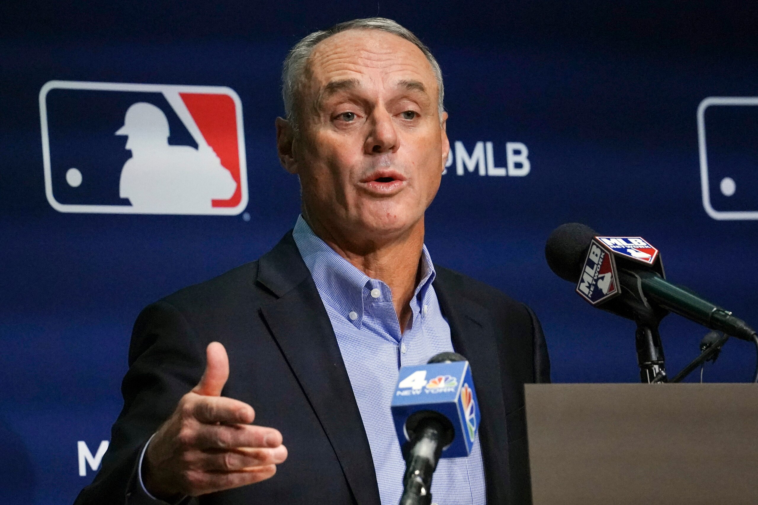 Major League Baseball commissioner Rob Manfred speaks during a news conference, Thursday March 10, 2022, in New York. Major League Baseball’s acrimonious lockout ended Thursday when a divided players’ association voted to accept management’s offer to salvage a 162-game season that will start April 7. (AP Photo/Bebeto Matthews)