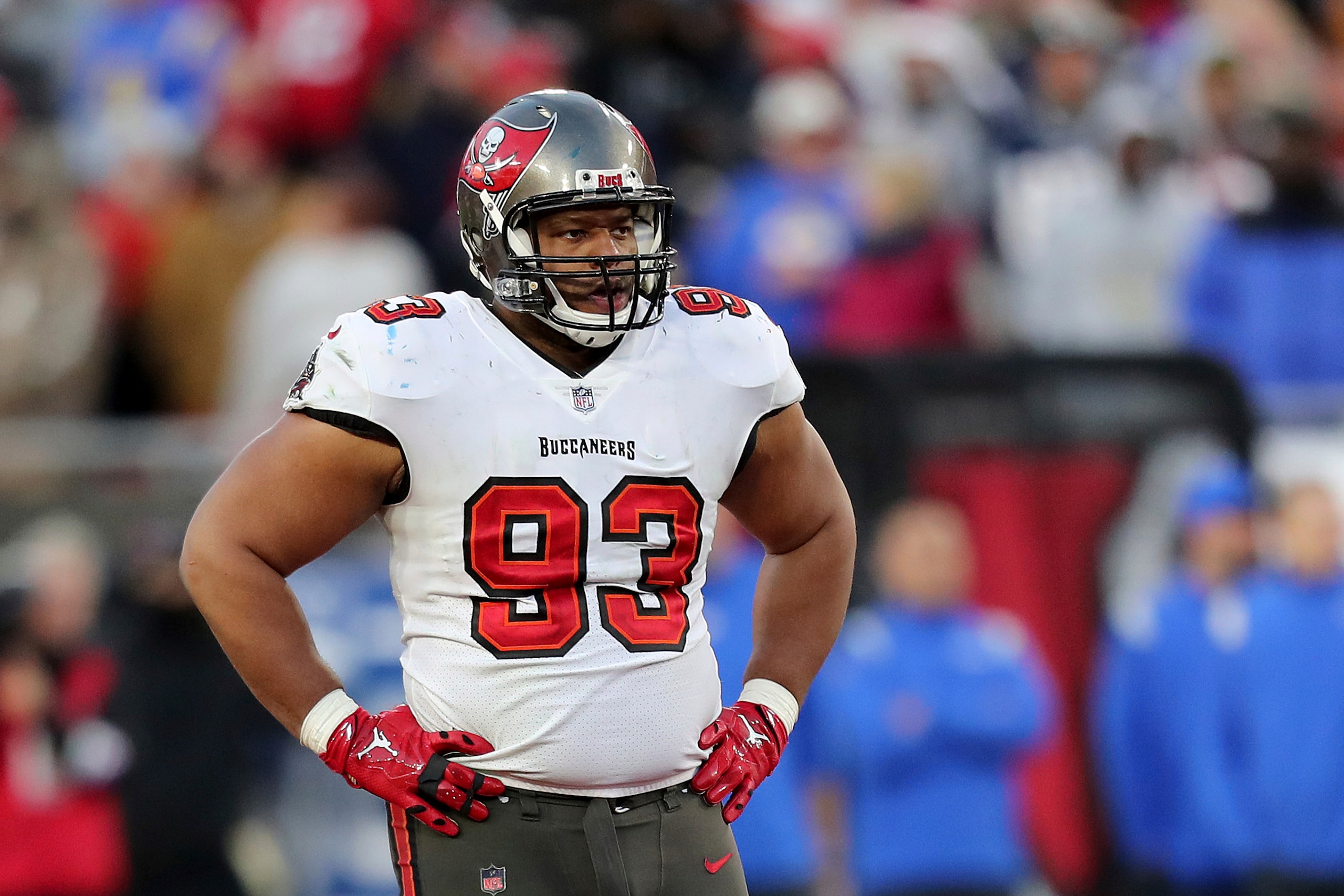 Tampa Bay Buccaneers defensive end Ndamukong Suh (93) looks on during a NFL divisional playoff football game between the Los Angeles Rams and Tampa Bay Buccaneers, Sunday, January 23, 2022 in Tampa, Fla. (AP Photo/Alex Menendez)
