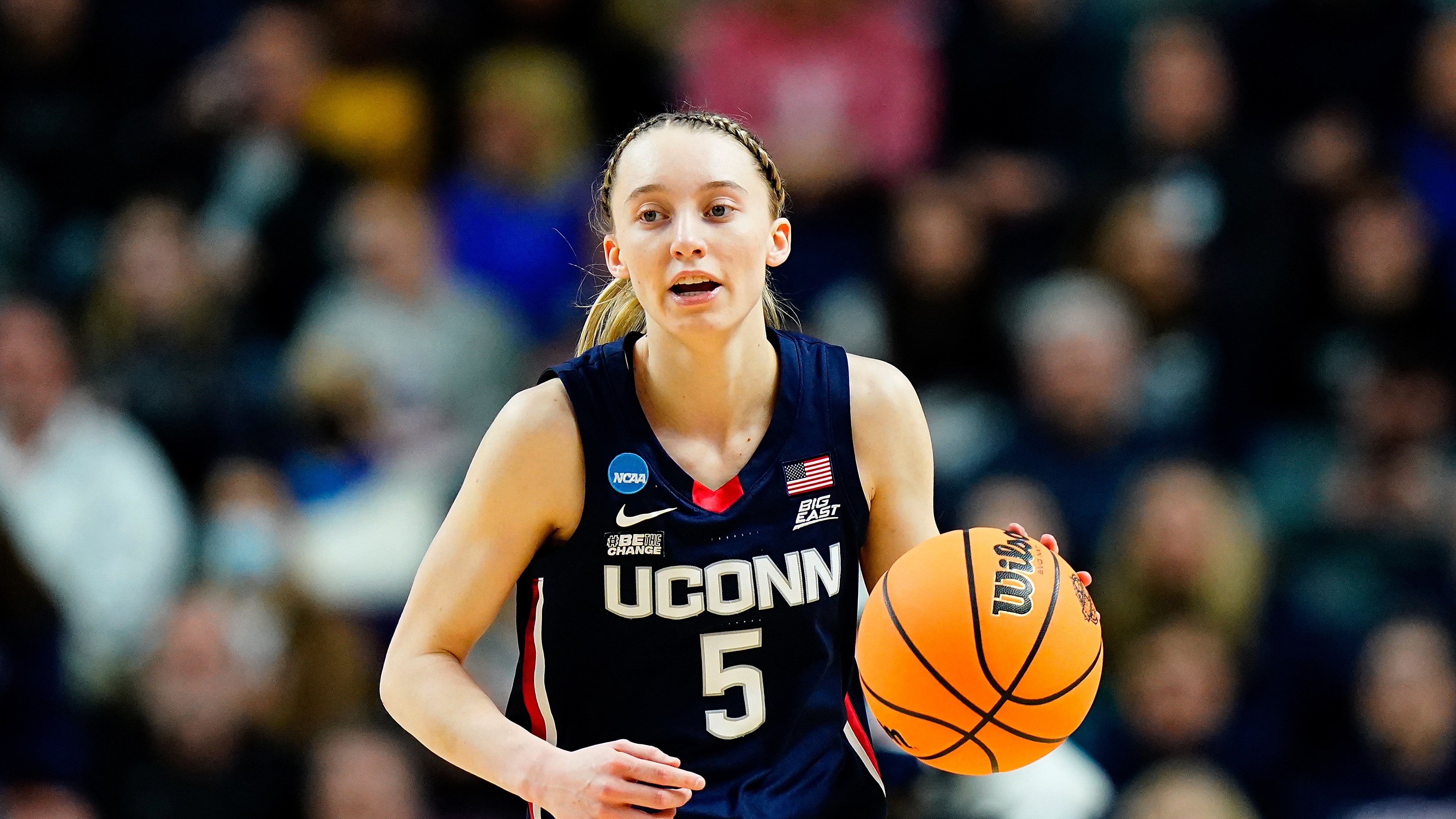 Connecticut guard Paige Bueckers (5) during the first quarter of the East Regional final college basketball game against NC State in the NCAA women's tournament, Monday, March 28, 2022, in Bridgeport, Conn. (AP Photo/Frank Franklin II)