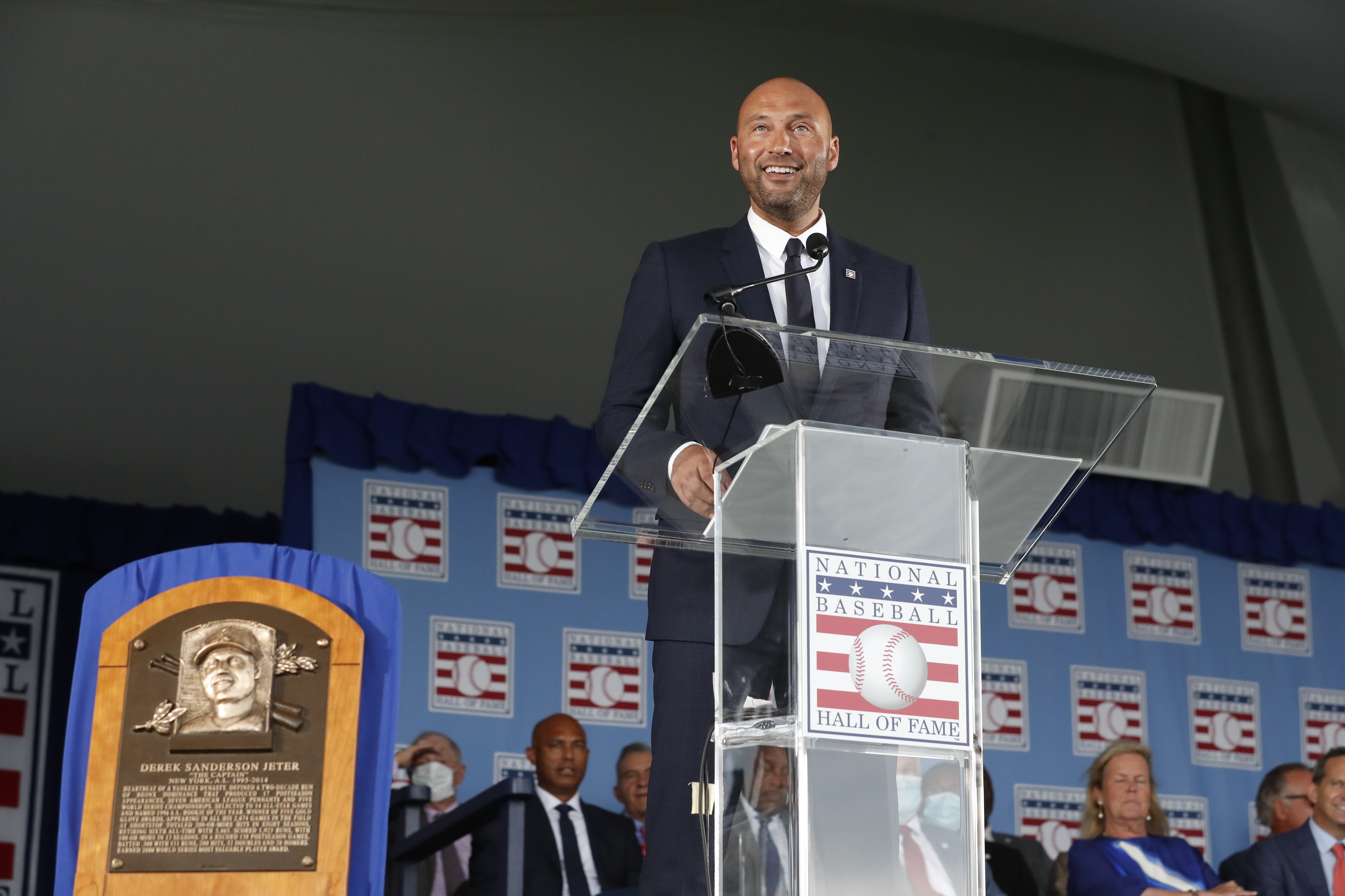 COOPERSTOWN, NY - SEPTEMBER 08: Hall of Fame Inductee Derek Jeter speaks during the 2021 Hall of Fame Induction Ceremony at Clark Sports Center on Wednesday, September 8, 2021 in Cooperstown, New York. (Photo by New York Yankees/Getty Images)