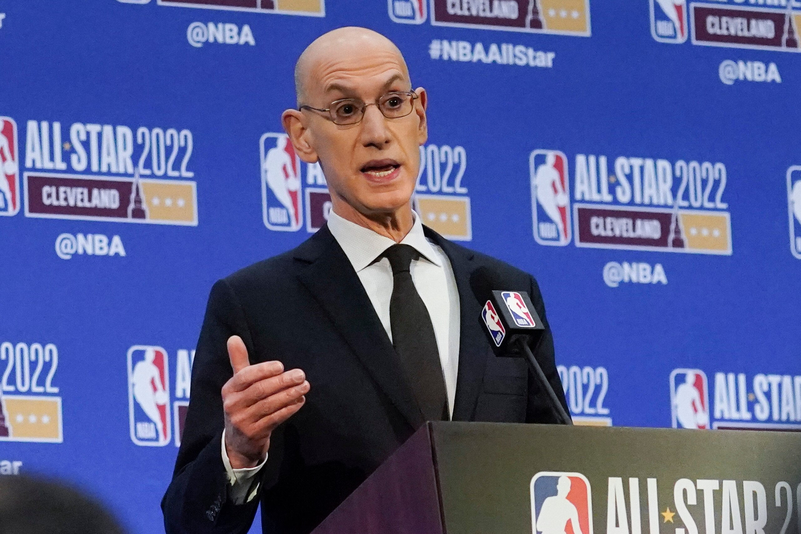 NBA Commissioner Adam Silver speaks at a news conference during NBA All-Star basketball game weekend, Saturday, Feb. 19, 2022, in Cleveland. (AP Photo/Charles Krupa) NBA Commissioner Adam Silver speaks at a news conference during NBA All-Star basketball game weekend, Saturday, Feb. 19, 2022, in Cleveland. (AP Photo/Charles Krupa)