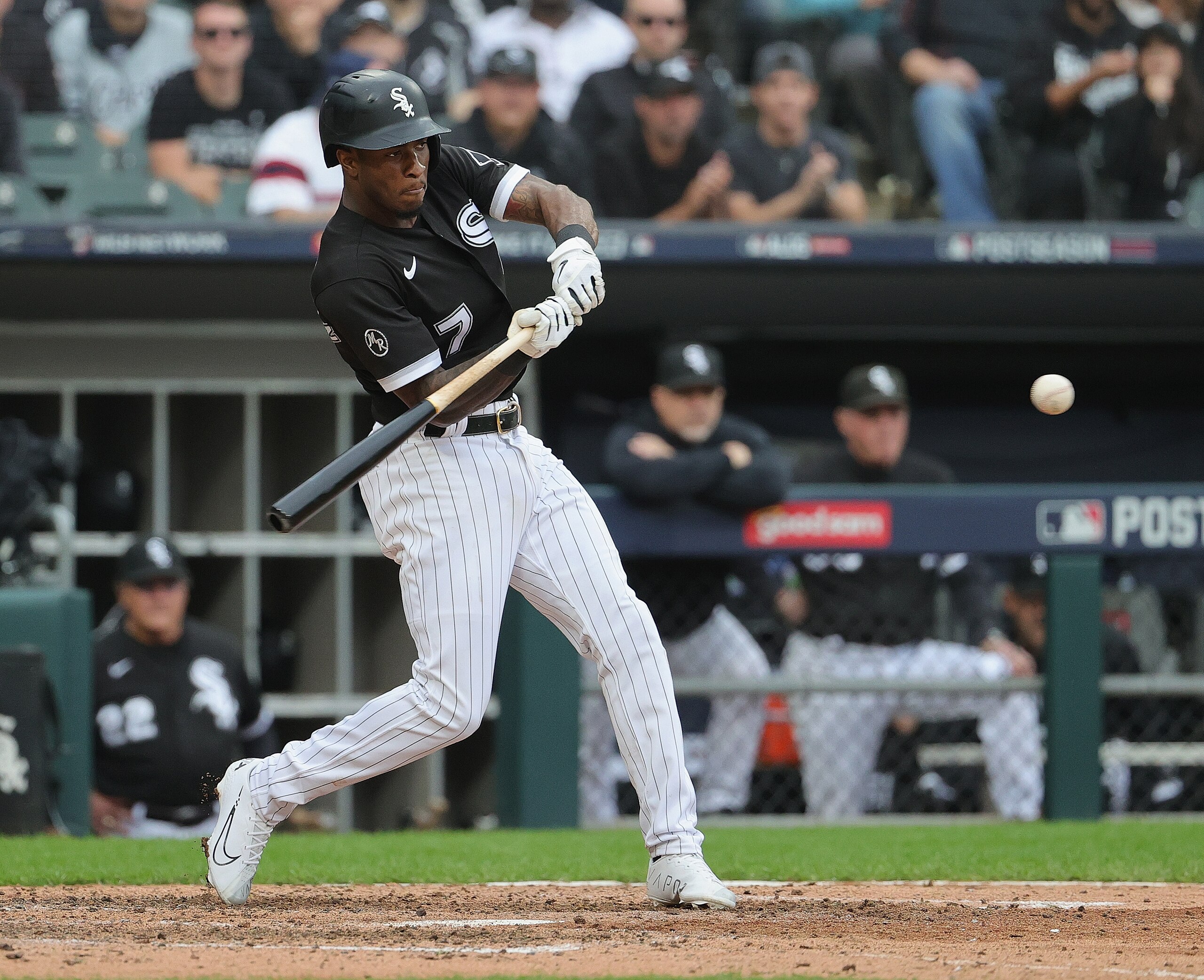 CHICAGO, ILLINOIS - OCTOBER 12: Tim Anderson #7 of the Chicago White Sox bats against the Houston Astros at Guaranteed Rate Field on October 12, 2021 in Chicago, Illinois. The Astros defeated the White Sox 10-1. (Photo by Jonathan Daniel/Getty Images)