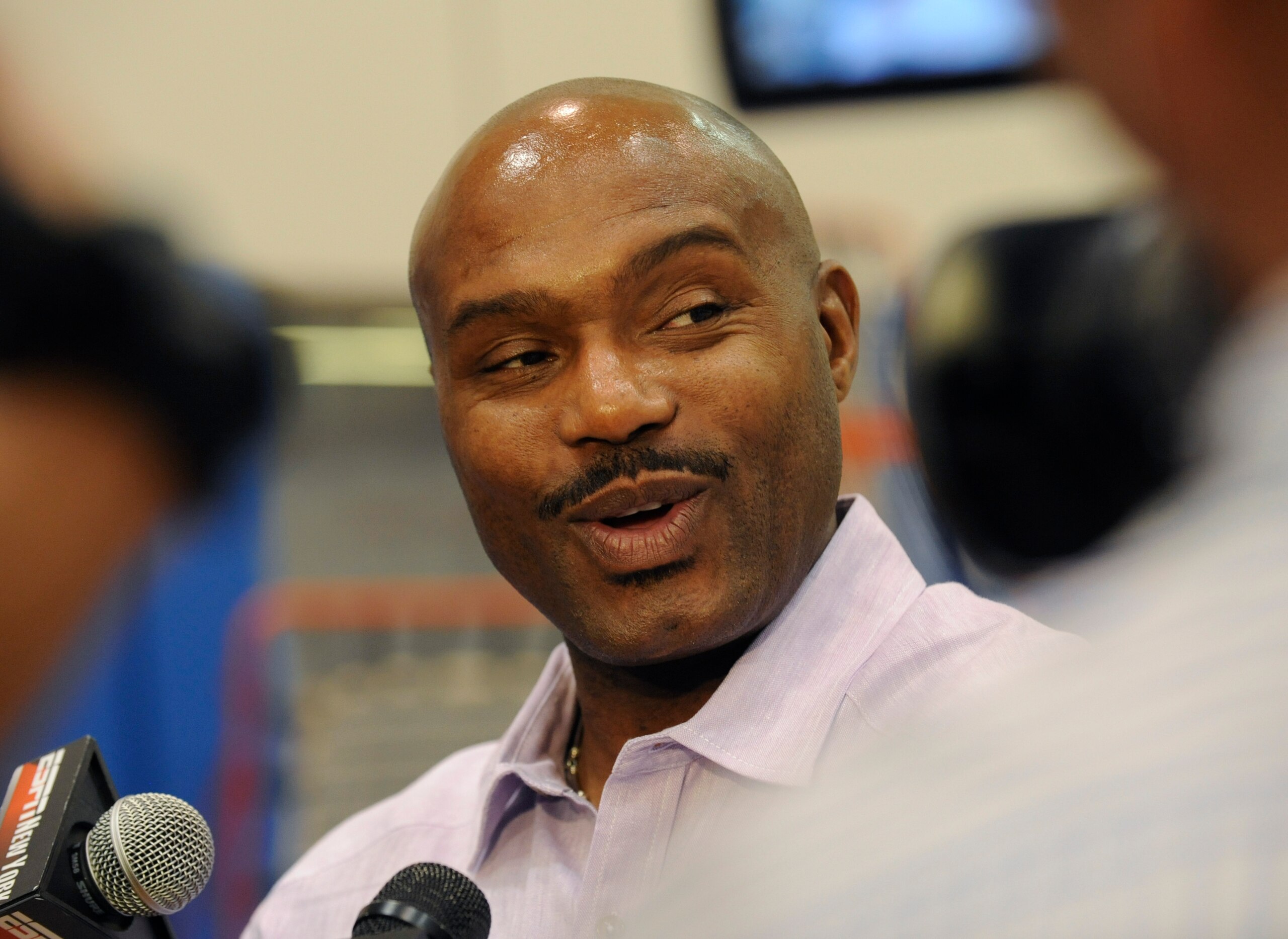 Former NBA player Tim Hardaway Sr. is interviewed by the media during the introduction of his son and New York Knicks first round draft pick Tim Hardaway Jr. at the Madison Square Garden training center in Greenburgh, N.Y., Friday, June 28, 2013. (AP Photo/ Louis Lanzano)