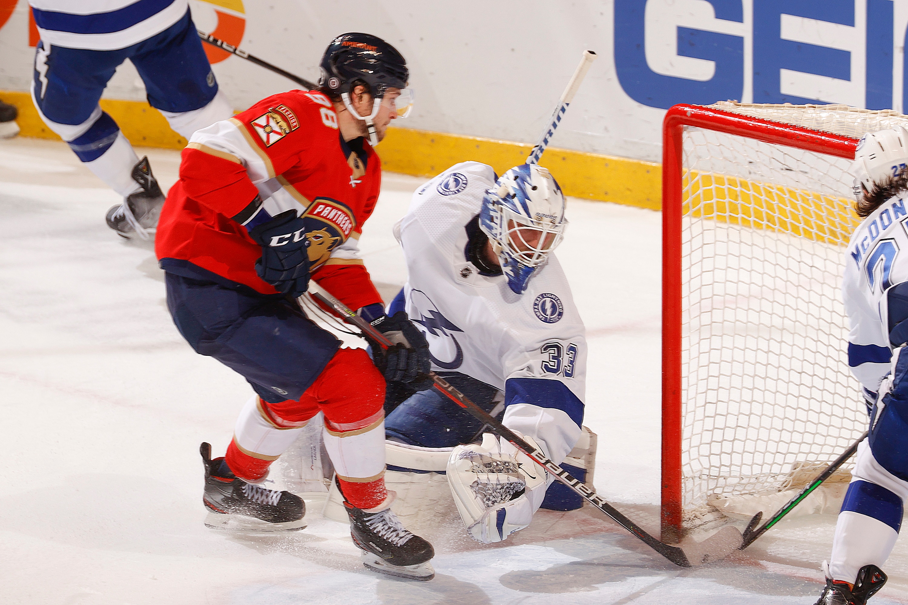 SUNRISE, FL - DECEMBER 30: Maxim Mamin #98 of the Florida Panthers scores a goal past Goaltender Maxime Lagace #33 of the Tampa Bay Lightning during second period action  at the FLA Live Arena on December 30, 2021 in Sunrise, Florida. (Photo by Joel Auerbach/NHLI via Getty Images)