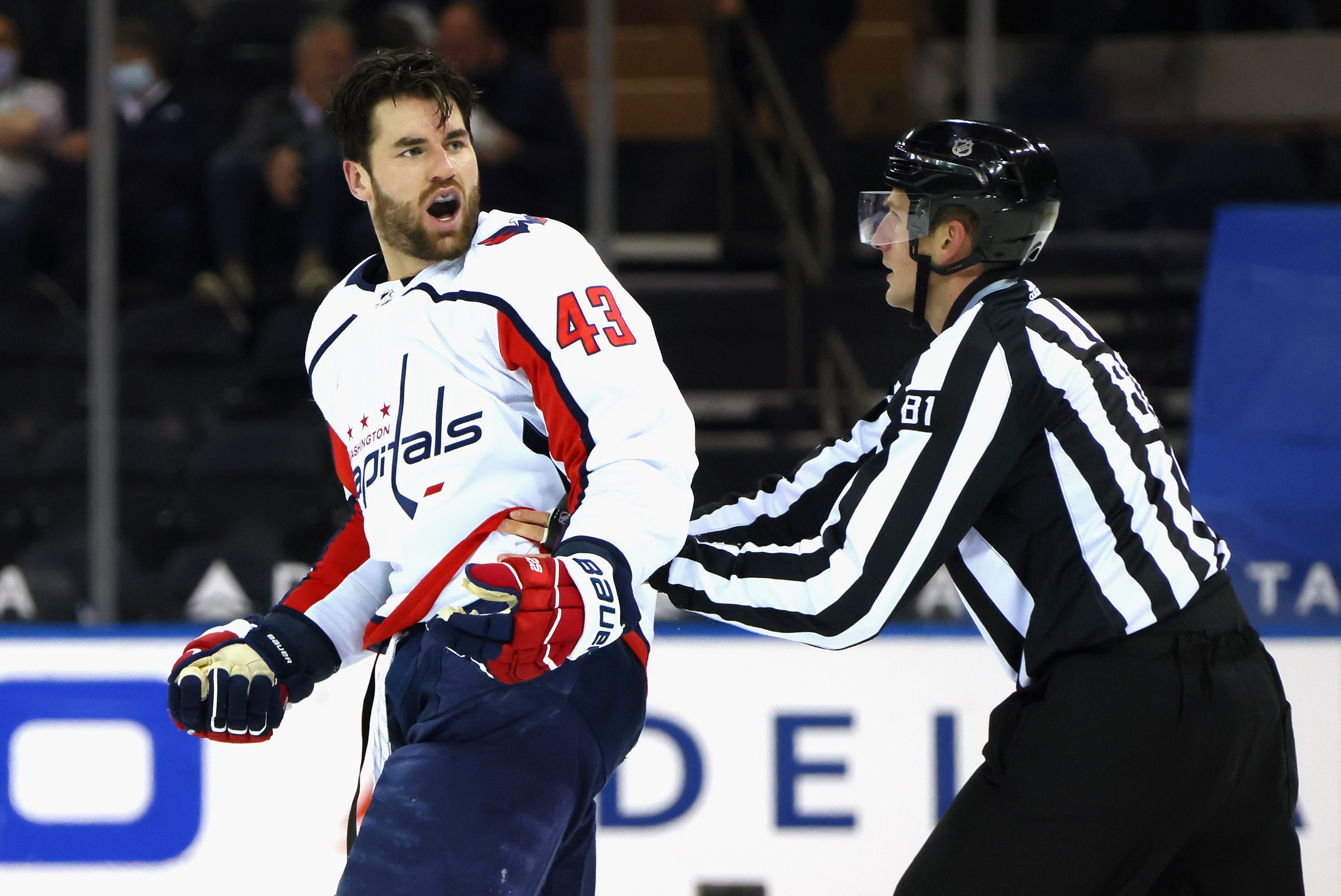 NEW YORK, NEW YORK - MAY 03: Tom Wilson #43 of the Washington Capitals yells at the New York Rangers bench after taking a second period penalty at Madison Square Garden on May 03, 2021 in New York City. (Photo by Bruce Bennett/Getty Images)