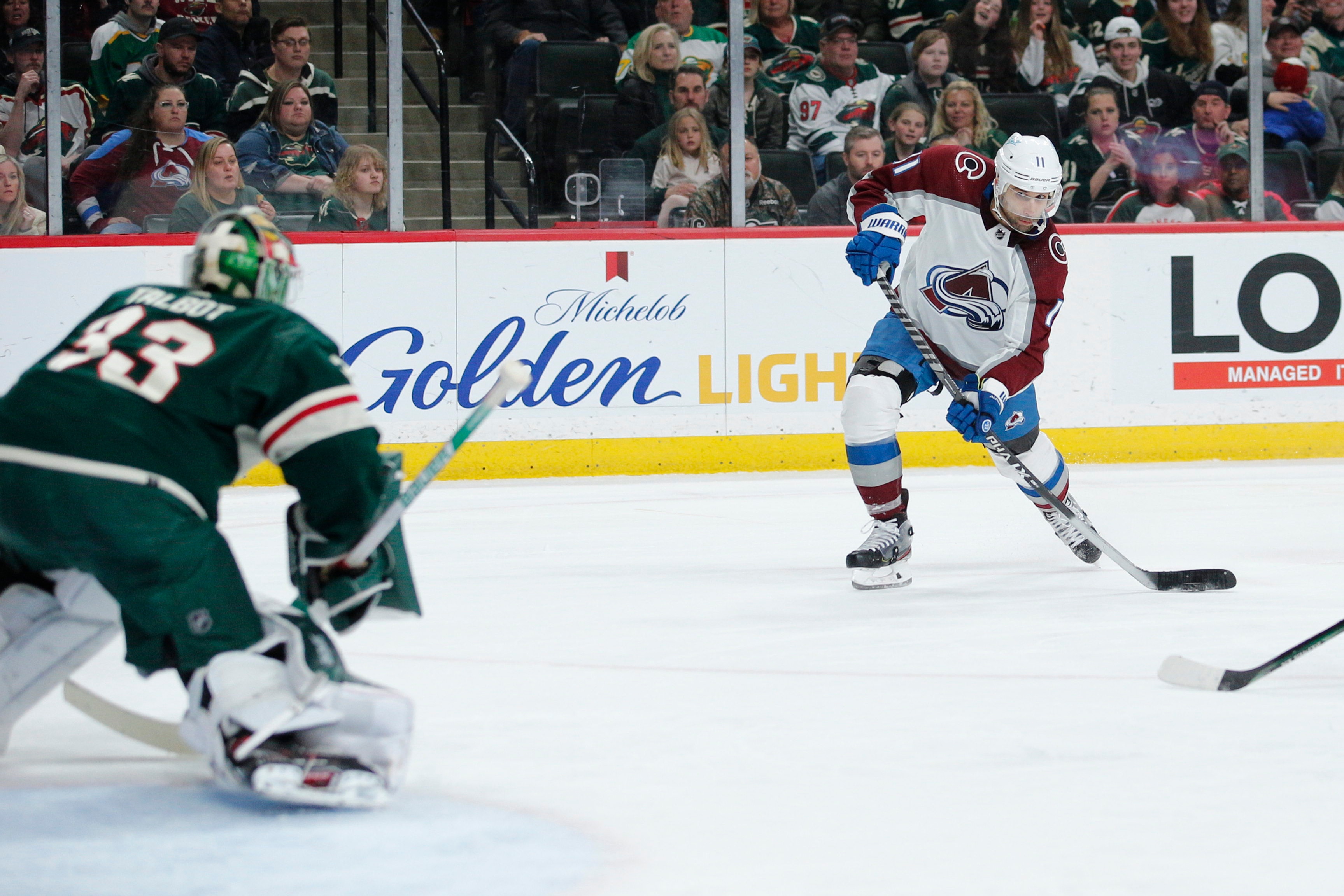 ST. PAUL, MN - MARCH 27: Colorado Avalanche Left Wing Andrew Cogliano (11) takes a shot during the NHL game between the Colorado Avalanche and the Minnesota Wild on March 27th, 2022, at Xcel Energy Center in St. Paul, MN.(Photo by Bailey Hillesheim/Icon Sportswire via Getty Images)