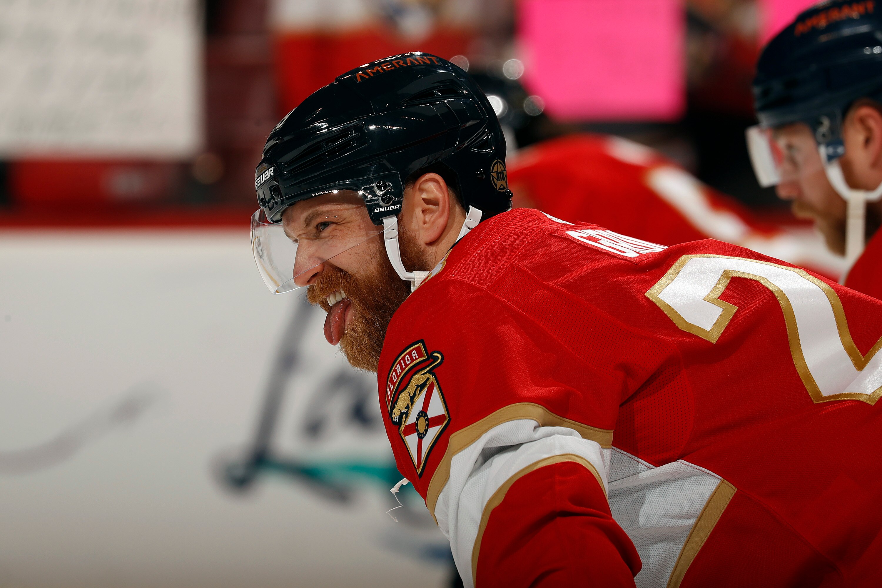 SUNRISE, FL - MARCH 31: Claude Giroux #28 of the Florida Panthers has a laugh on the ice prior to the start of the game against the Chicago Blackhawks at the FLA Live Arena on March 31, 2022 in Sunrise, Florida. (Photo by Eliot J. Schechter/NHLI via Getty Images)