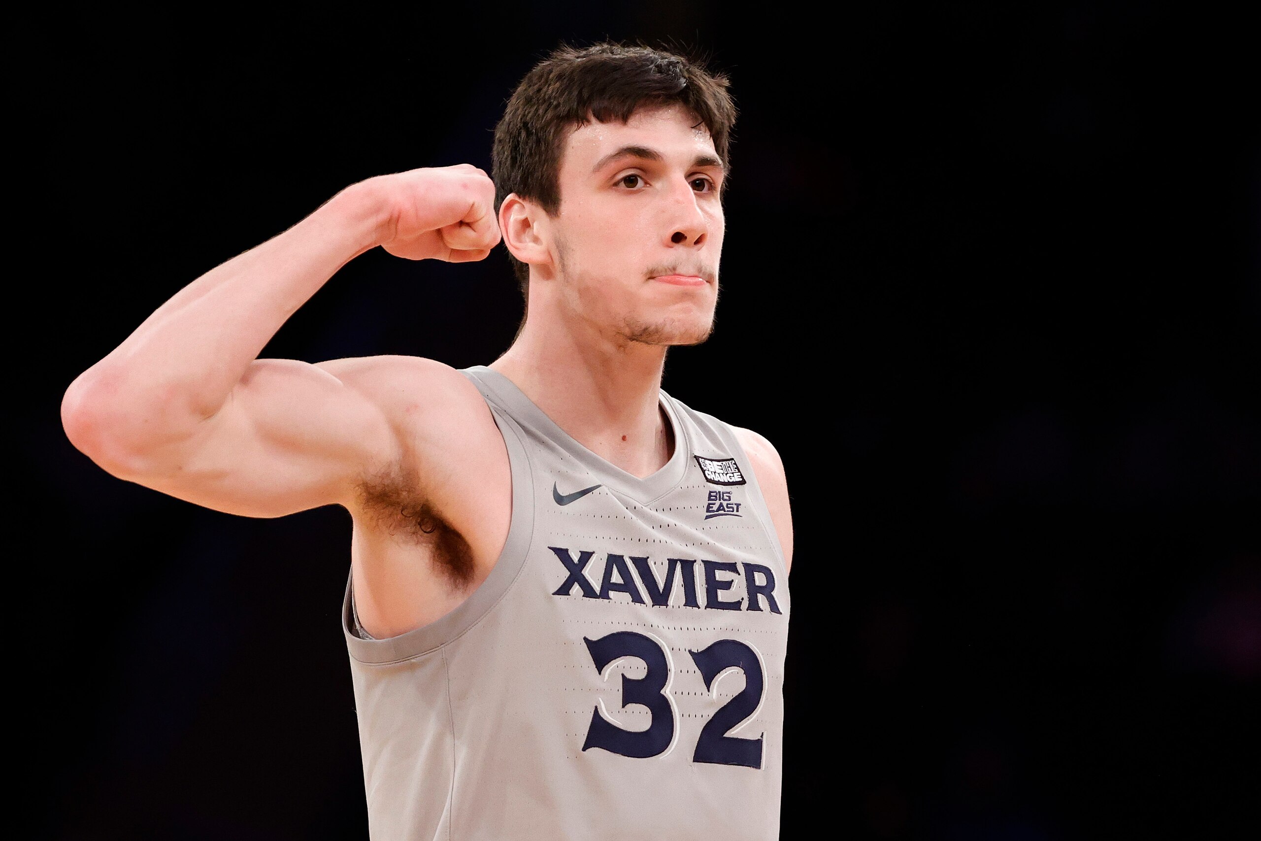 NEW YORK, NEW YORK - MARCH 09: Zach Freemantle #32 of the Xavier Musketeers reacts against the Butler Bulldogs in the second half of the game during the 2022 Big East Tournament at Madison Square Garden on March 09, 2022 in New York City. (Photo by Tim Nwachukwu/Getty Images) NEW YORK, NEW YORK - MARCH 09: Zach Freemantle #32 of the Xavier Musketeers reacts against the Butler Bulldogs in the second half of the game during the 2022 Big East Tournament at Madison Square Garden on March 09, 2022 in New York City. (Photo by Tim Nwachukwu/Getty Images)