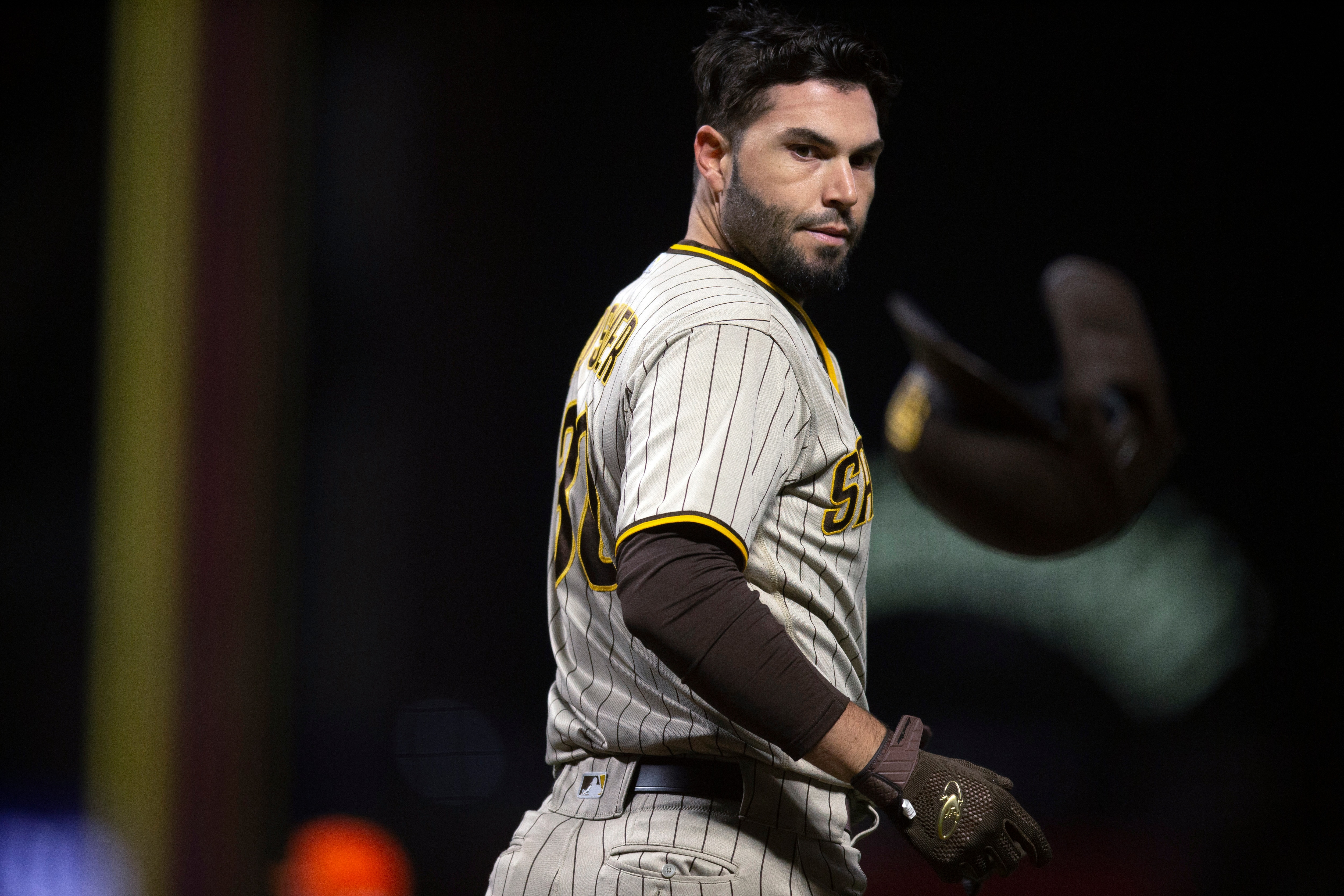 San Diego Padres' Eric Hosmer tosses his batting helmet after striking out to end the top of the sixth inning of the team's baseball game against the San Francisco Giants, Tuesday, Sept. 14, 2021, in San Francisco. (AP Photo/D. Ross Cameron)