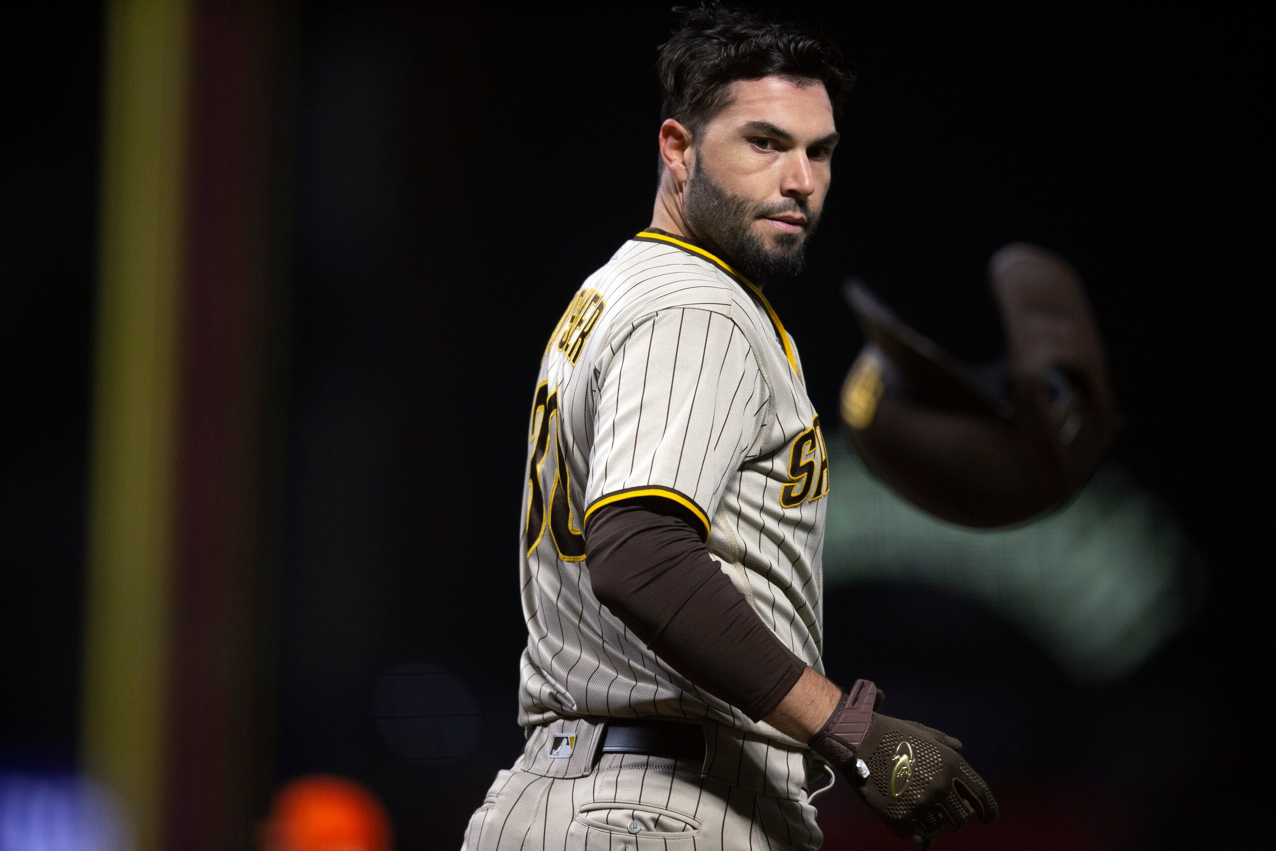 San Diego Padres' Eric Hosmer tosses his batting helmet after striking out to end the top of the sixth inning of the team's baseball game against the San Francisco Giants, Tuesday, Sept. 14, 2021, in San Francisco. (AP Photo/D. Ross Cameron)