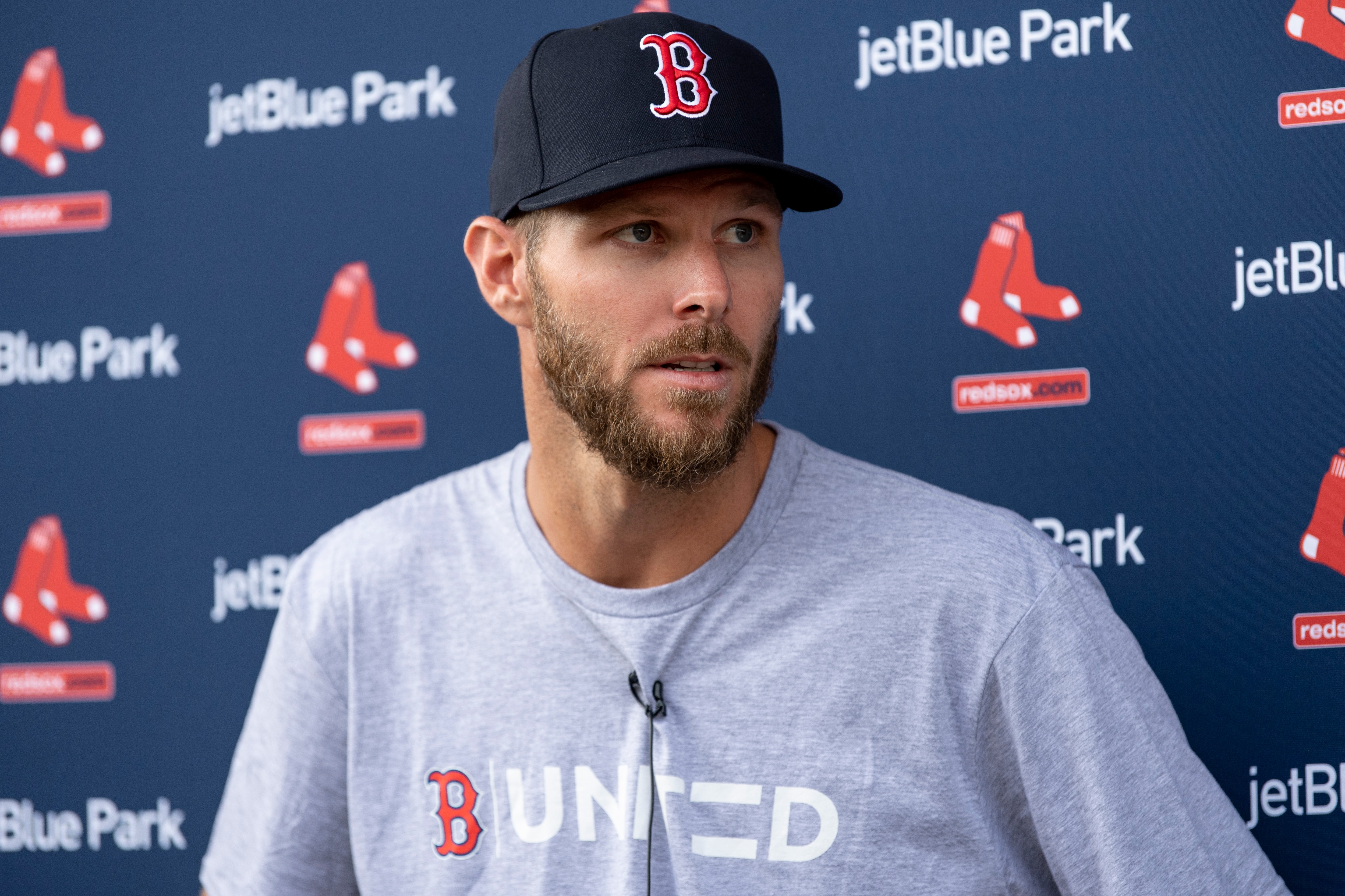 FORT MYERS, FLORIDA - MARCH 16: Chris Sale #41 of the Boston Red Sox addresses the media during spring training workouts at JetBlue Park at Fenway South on March 16, 2022 in Fort Myers, Florida. (Photo by Maddie Malhotra/Boston Red Sox/Getty Images)