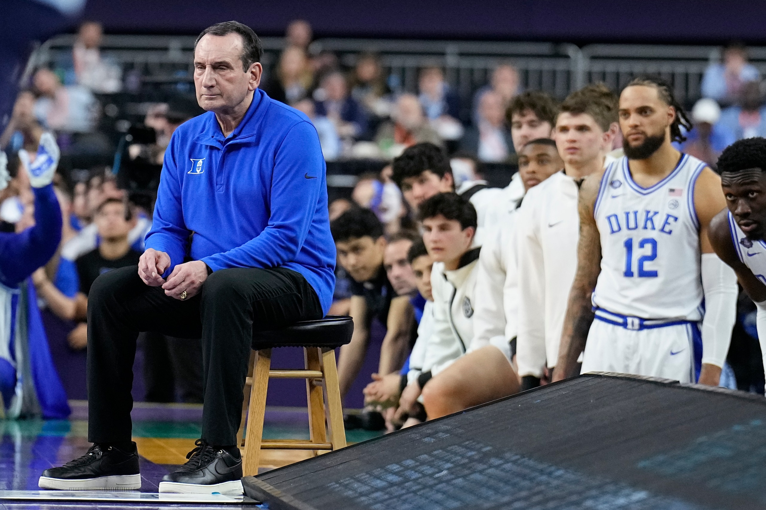 Duke head coach Mike Krzyzewski watches during the second half of a college basketball game against North Carolina in the semifinal round of the Men's Final Four NCAA tournament, Saturday, April 2, 2022, in New Orleans. (AP Photo/Brynn Anderson) Duke head coach Mike Krzyzewski watches during the second half of a college basketball game against North Carolina in the semifinal round of the Men's Final Four NCAA tournament, Saturday, April 2, 2022, in New Orleans. (AP Photo/Brynn Anderson)