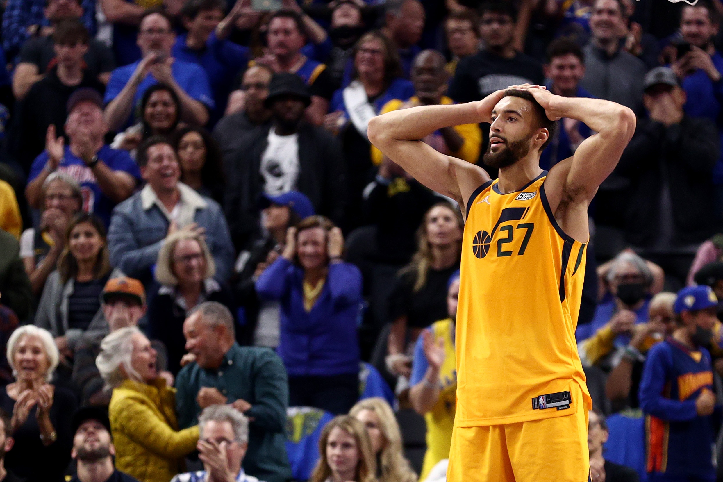 SAN FRANCISCO, CALIFORNIA - APRIL 02:  Rudy Gobert #27 of the Utah Jazz reacts after he turned the ball over in the final minute of their loss to the Golden State Warriors at Chase Center on April 02, 2022 in San Francisco, California. NOTE TO USER: User expressly acknowledges and agrees that, by downloading and/or using this photograph, User is consenting to the terms and conditions of the Getty Images License Agreement.  (Photo by Ezra Shaw/Getty Images)