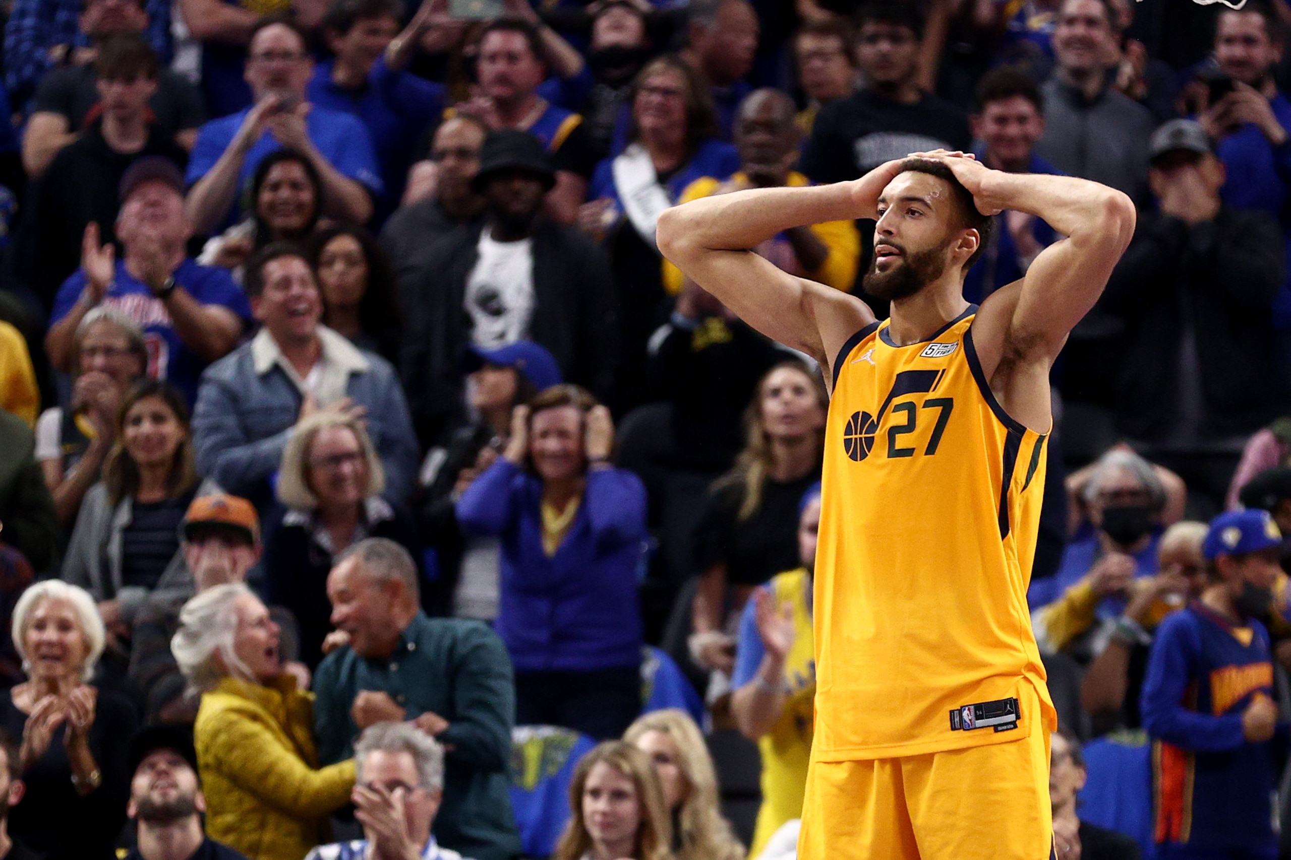 SAN FRANCISCO, CALIFORNIA - APRIL 02: Rudy Gobert #27 of the Utah Jazz reacts after he turned the ball over in the final minute of their loss to the Golden State Warriors at Chase Center on April 02, 2022 in San Francisco, California. NOTE TO USER: User expressly acknowledges and agrees that, by downloading and/or using this photograph, User is consenting to the terms and conditions of the Getty Images License Agreement. (Photo by Ezra Shaw/Getty Images) SAN FRANCISCO, CALIFORNIA - APRIL 02: Rudy Gobert #27 of the Utah Jazz reacts after he turned the ball over in the final minute of their loss to the Golden State Warriors at Chase Center on April 02, 2022 in San Francisco, California. NOTE TO USER: User expressly acknowledges and agrees that, by downloading and/or using this photograph, User is consenting to the terms and conditions of the Getty Images License Agreement. (Photo by Ezra Shaw/Getty Images)