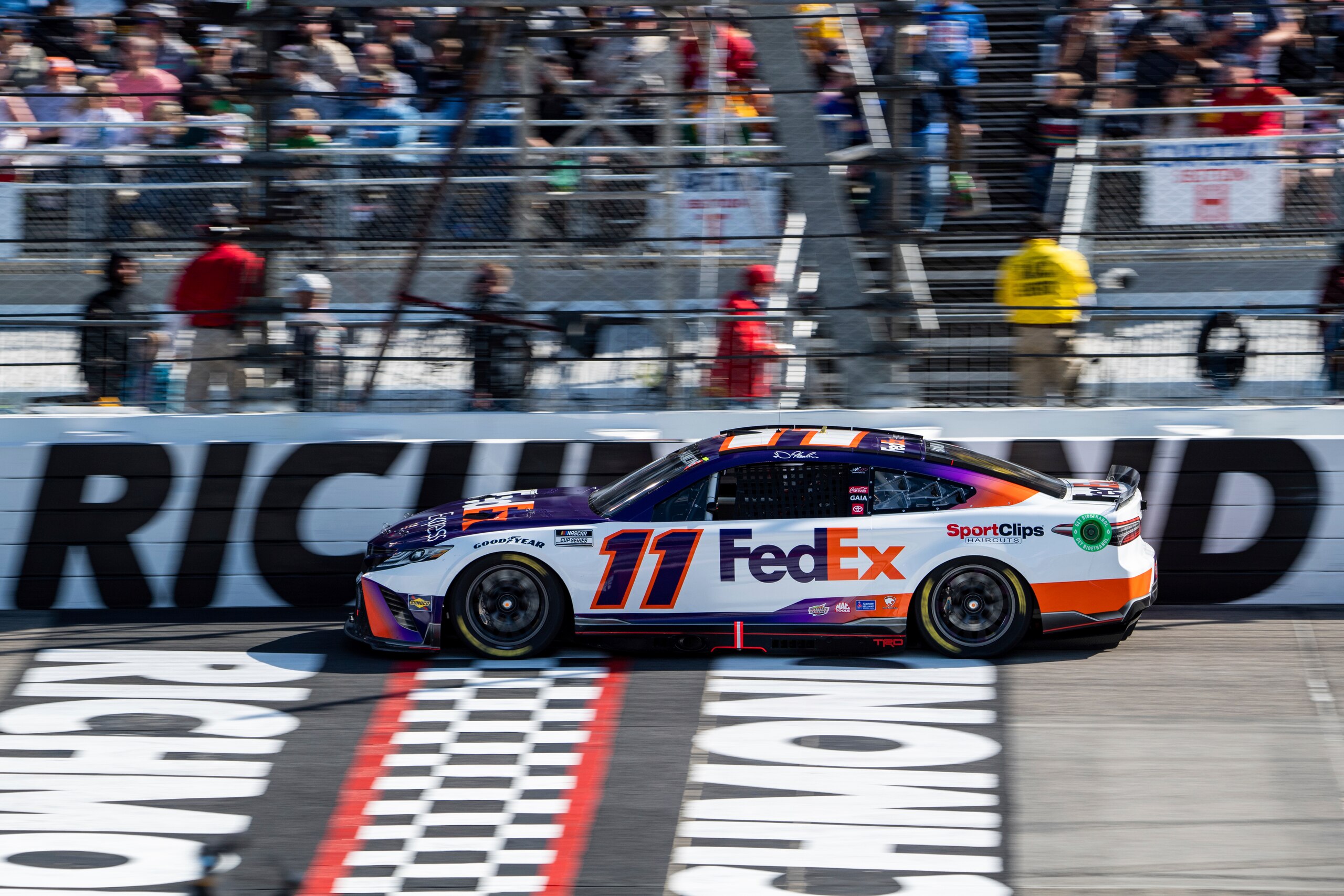 Denny Hamlin drives during the NASCAR Cup Series auto race at Richmond Raceway on Sunday, April 3, 2022, in Richmond, Va. (AP Photo/Mike Caudill)