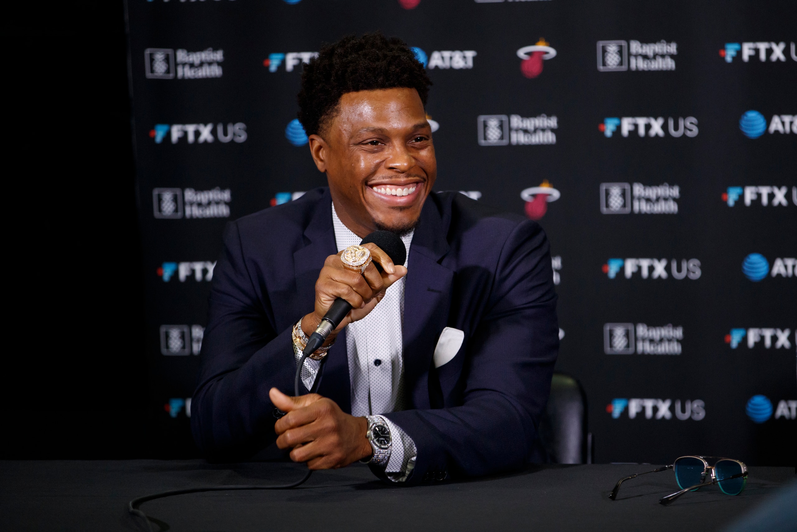 TORONTO, ON - APRIL 03: Kyle Lowry #7 of the Miami Heat laughs during a press conference ahead of their NBA game against the Toronto Raptors at Scotiabank Arena on April 3, 2022 in Toronto, Canada. NOTE TO USER: User expressly acknowledges and agrees that, by downloading and or using this Photograph, user is consenting to the terms and conditions of the Getty Images License Agreement. (Photo by Cole Burston/Getty Images) TORONTO, ON - APRIL 03: Kyle Lowry #7 of the Miami Heat laughs during a press conference ahead of their NBA game against the Toronto Raptors at Scotiabank Arena on April 3, 2022 in Toronto, Canada. NOTE TO USER: User expressly acknowledges and agrees that, by downloading and or using this Photograph, user is consenting to the terms and conditions of the Getty Images License Agreement. (Photo by Cole Burston/Getty Images)