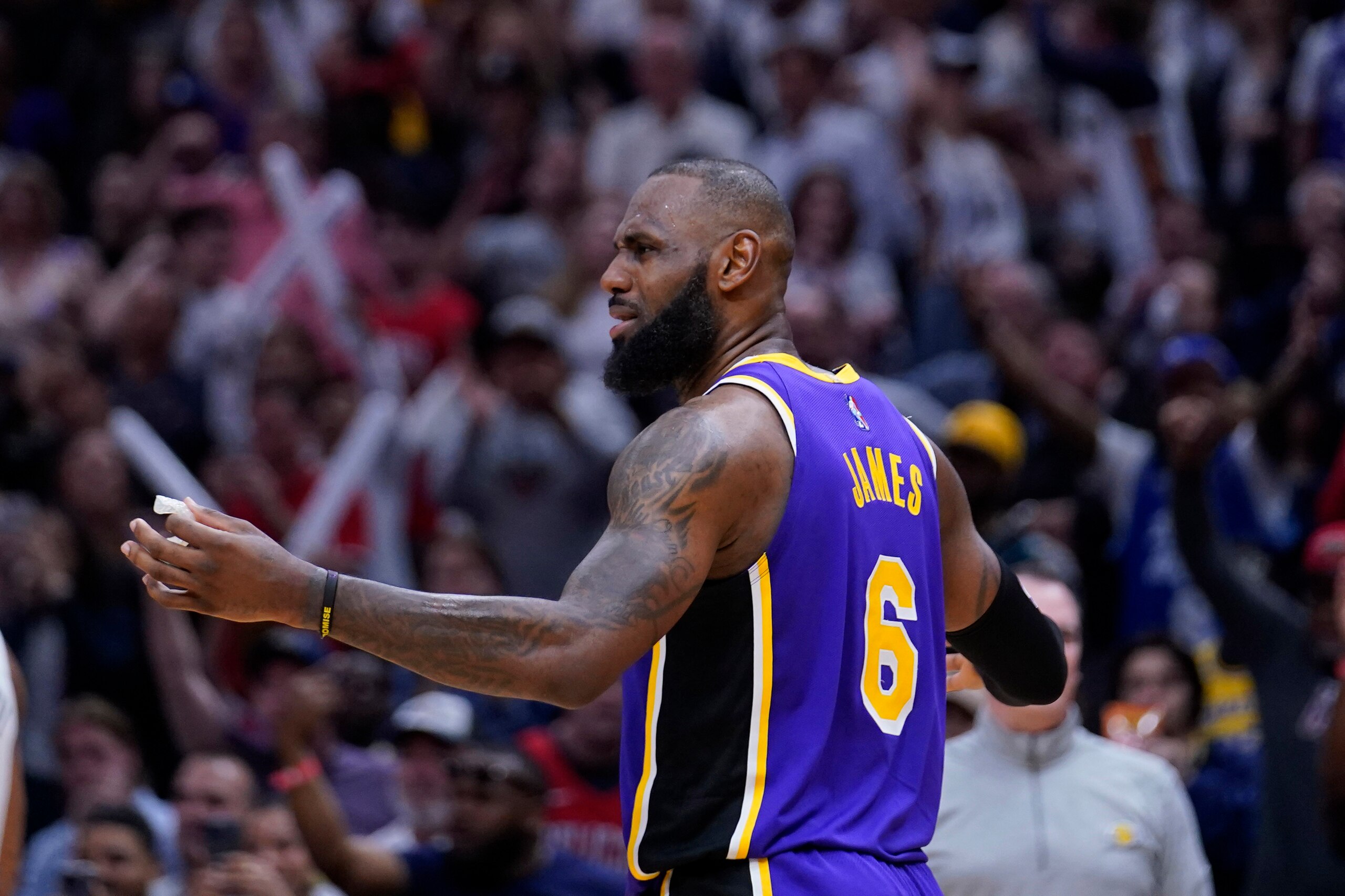 Los Angeles Lakers forward LeBron James (6) reacts after being called for goaltending late in the second half of an NBA basketball game against the New Orleans Pelicans in New Orleans, Sunday, March 27, 2022. The Pelicans won 116-108. (AP Photo/Gerald Herbert)
