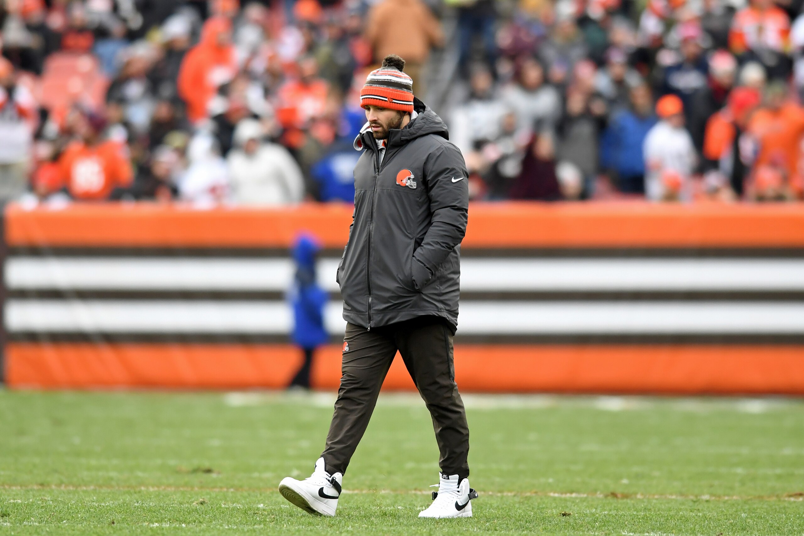 Cleveland Browns quarterback Baker Mayfield looks on in the first half of an NFL football game against the Cincinnati Bengals, Sunday, Jan. 9, 2022, in Cleveland. (AP Photo/Nick Cammett) Cleveland Browns quarterback Baker Mayfield looks on in the first half of an NFL football game against the Cincinnati Bengals, Sunday, Jan. 9, 2022, in Cleveland. (AP Photo/Nick Cammett)