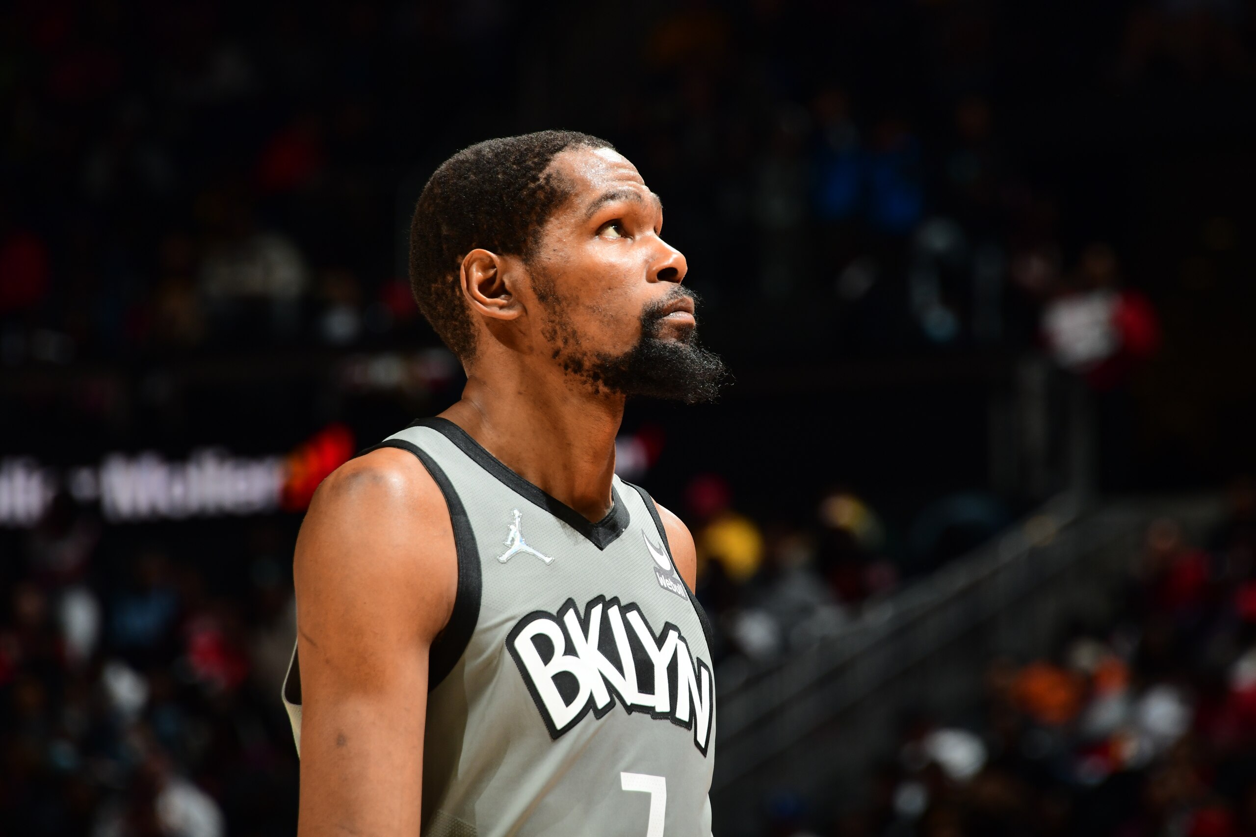 ATLANTA, GA - APRIL 2: Kevin Durant #7 of the Brooklyn Nets looks on during the game against the Atlanta Hawks on April 2, 2022 at State Farm Arena in Atlanta, Georgia. NOTE TO USER: User expressly acknowledges and agrees that, by downloading and/or using this Photograph, user is consenting to the terms and conditions of the Getty Images License Agreement. Mandatory Copyright Notice: Copyright 2022 NBAE (Photo by Scott Cunningham/NBAE via Getty Images) ATLANTA, GA - APRIL 2: Kevin Durant #7 of the Brooklyn Nets looks on during the game against the Atlanta Hawks on April 2, 2022 at State Farm Arena in Atlanta, Georgia. NOTE TO USER: User expressly acknowledges and agrees that, by downloading and/or using this Photograph, user is consenting to the terms and conditions of the Getty Images License Agreement. Mandatory Copyright Notice: Copyright 2022 NBAE (Photo by Scott Cunningham/NBAE via Getty Images)