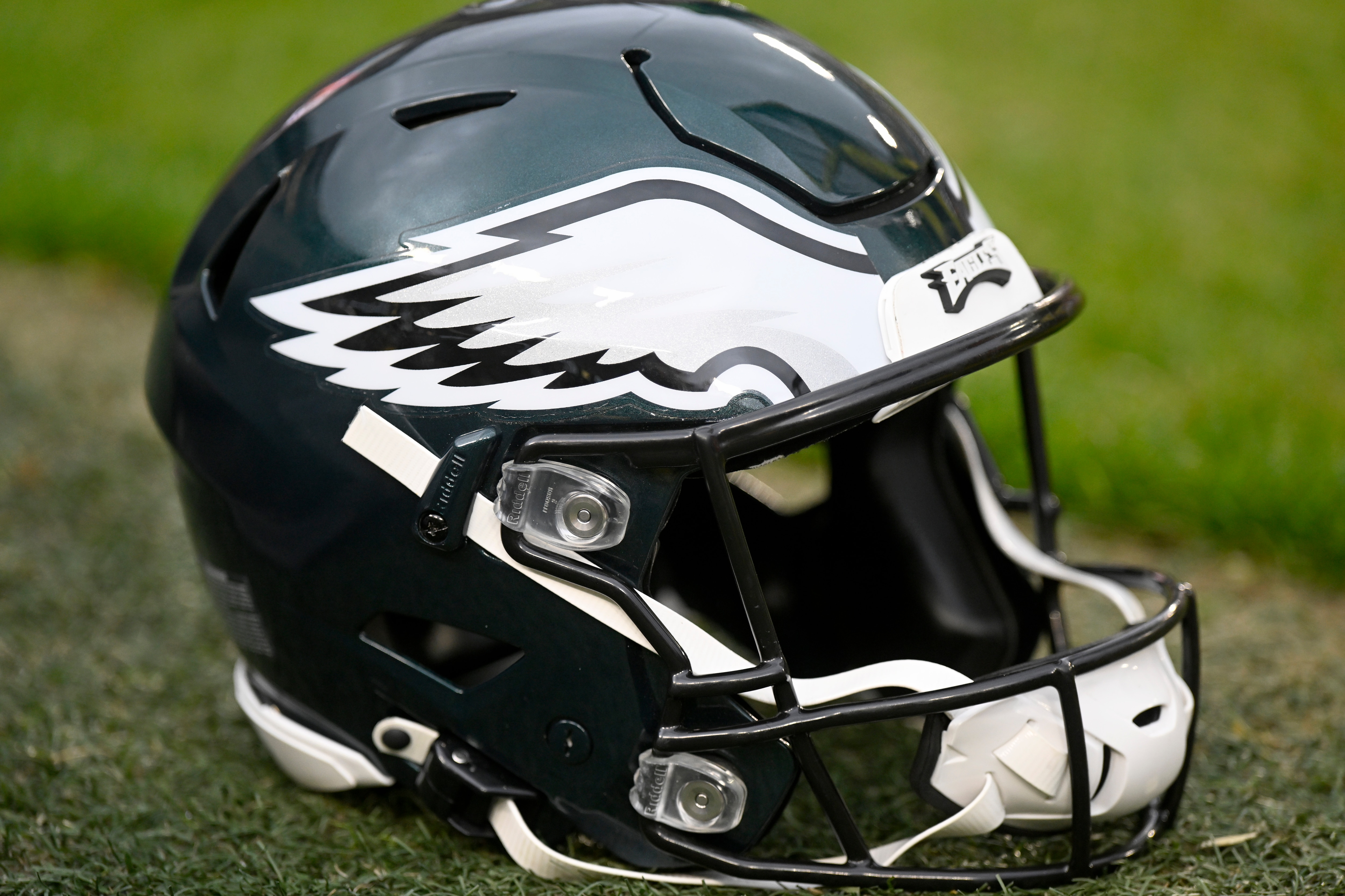 LANDOVER, MARYLAND - JANUARY 02: A Philadelphia Eagles helmet on the sideline during the game against the Washington Football Team at FedExField on January 02, 2022 in Landover, Maryland. (Photo by G Fiume/Getty Images)