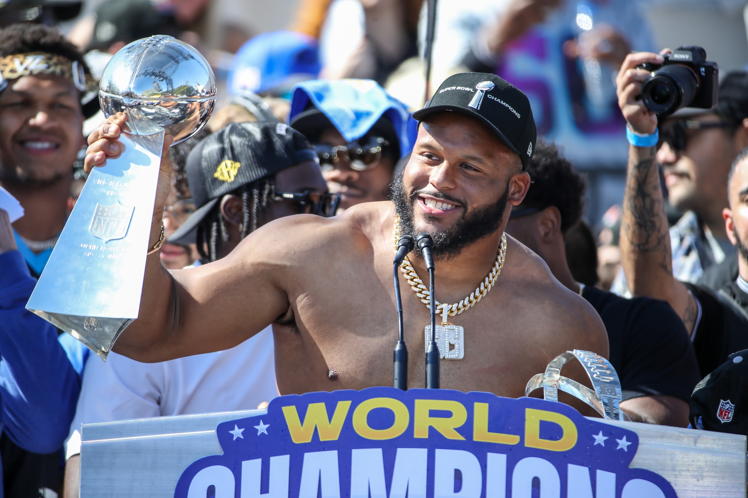 LOS ANGELES, CA - FEBRUARY 16: Los Angeles Rams defensive end Aaron Donald #99 during the Los Angeles Rams Super Bowl LVI Championship parade on February 16, 2022, at the Los Angeles Memorial Coliseum in Los Angeles, CA. (Photo by Jevone Moore/Icon Sportswire via Getty Images)