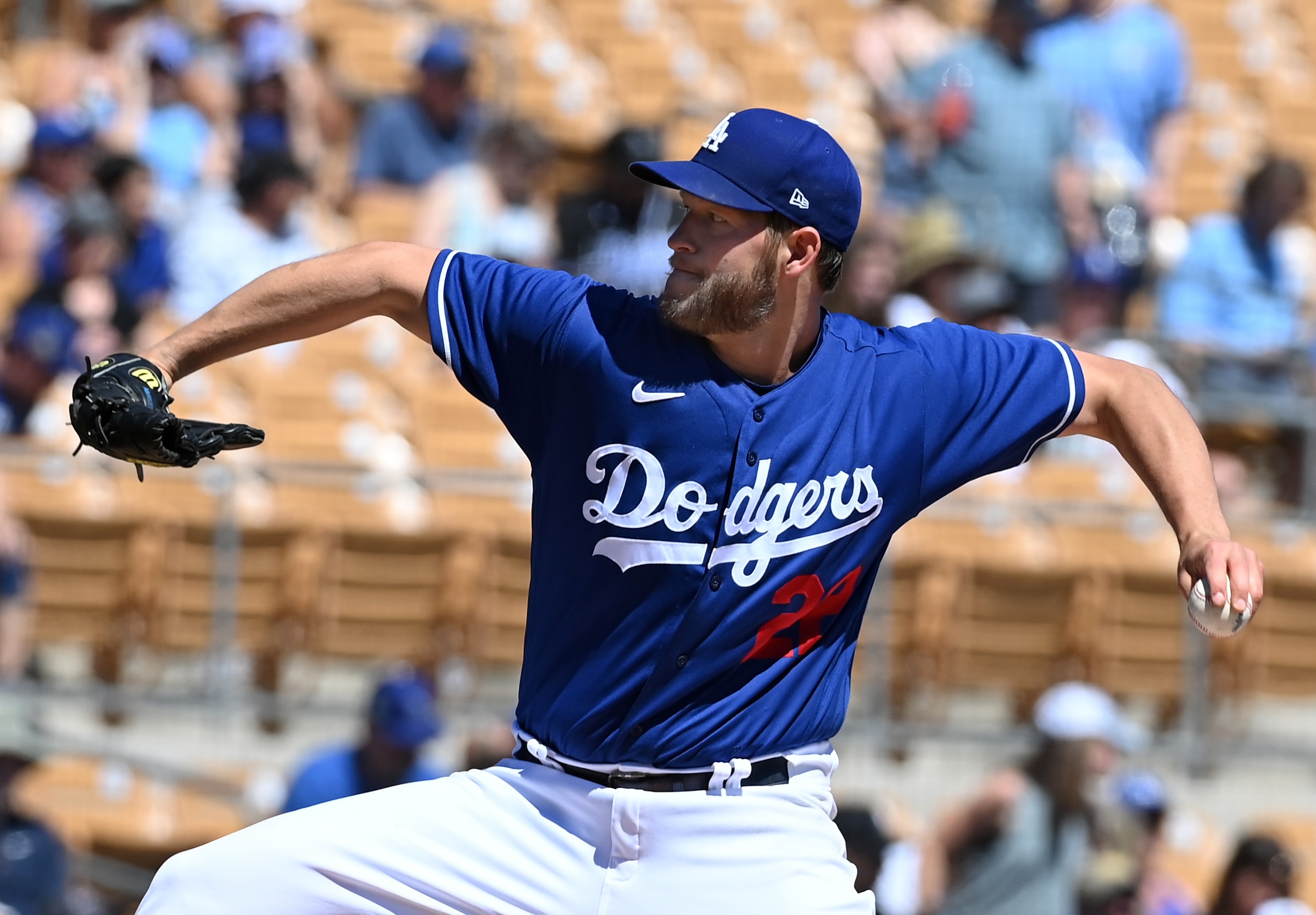GLENDALE, ARIZONA - MARCH 23: Clayton Kershaw #22 of the Los Angeles Dodgers delivers a pitch against the Cleveland Guardians during a spring training game at Camelback Ranch on March 23, 2022 in Glendale, Arizona. (Photo by Norm Hall/Getty Images)