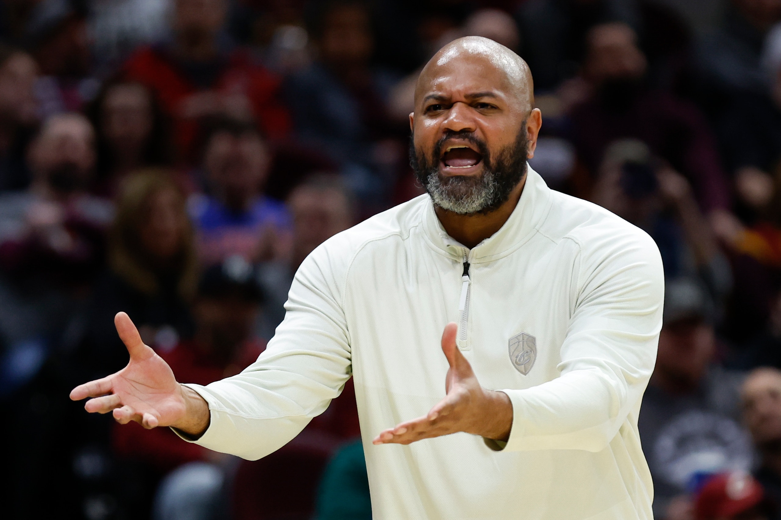 Cleveland Cavaliers head coach J.B. Bickerstaff reacts to a call during the second half of an NBA basketball game against the Orlando Magic, Monday, March 28, 2022, in Cleveland. (AP Photo/Ron Schwane)