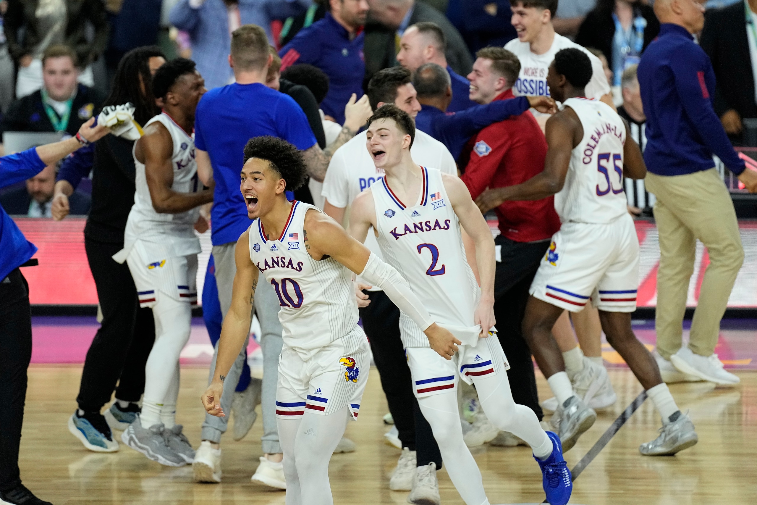 Kansas players celebrate after a college basketball game against North Carolina in the finals of the Men's Final Four NCAA tournament, Monday, April 4, 2022, in New Orleans. (AP Photo/Gerald Herbert) Kansas players celebrate after a college basketball game against North Carolina in the finals of the Men's Final Four NCAA tournament, Monday, April 4, 2022, in New Orleans. (AP Photo/Gerald Herbert)