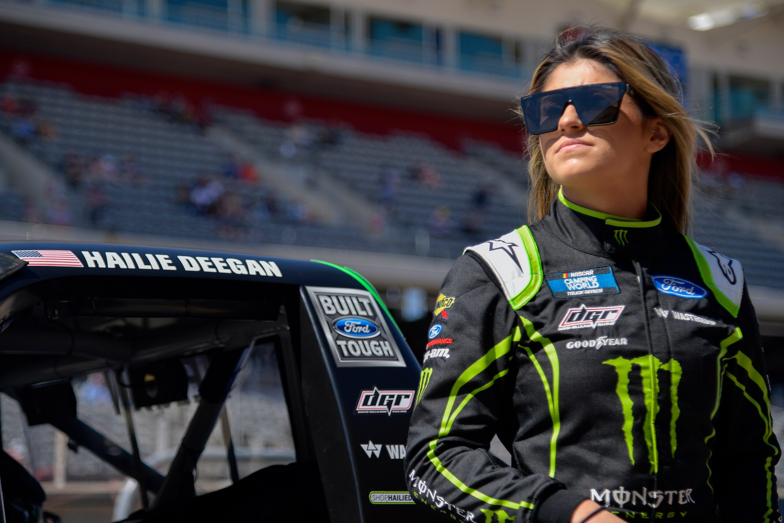 AUSTIN, TEXAS - MARCH 26: Hailie Deegan, driver of the #1 Monster Energy Ford, waits on the grid prior to the NASCAR Camping World Truck Series - XPEL 225 at Circuit of The Americas on March 26, 2022 in Austin, Texas. (Photo by Logan Riely/Getty Images)