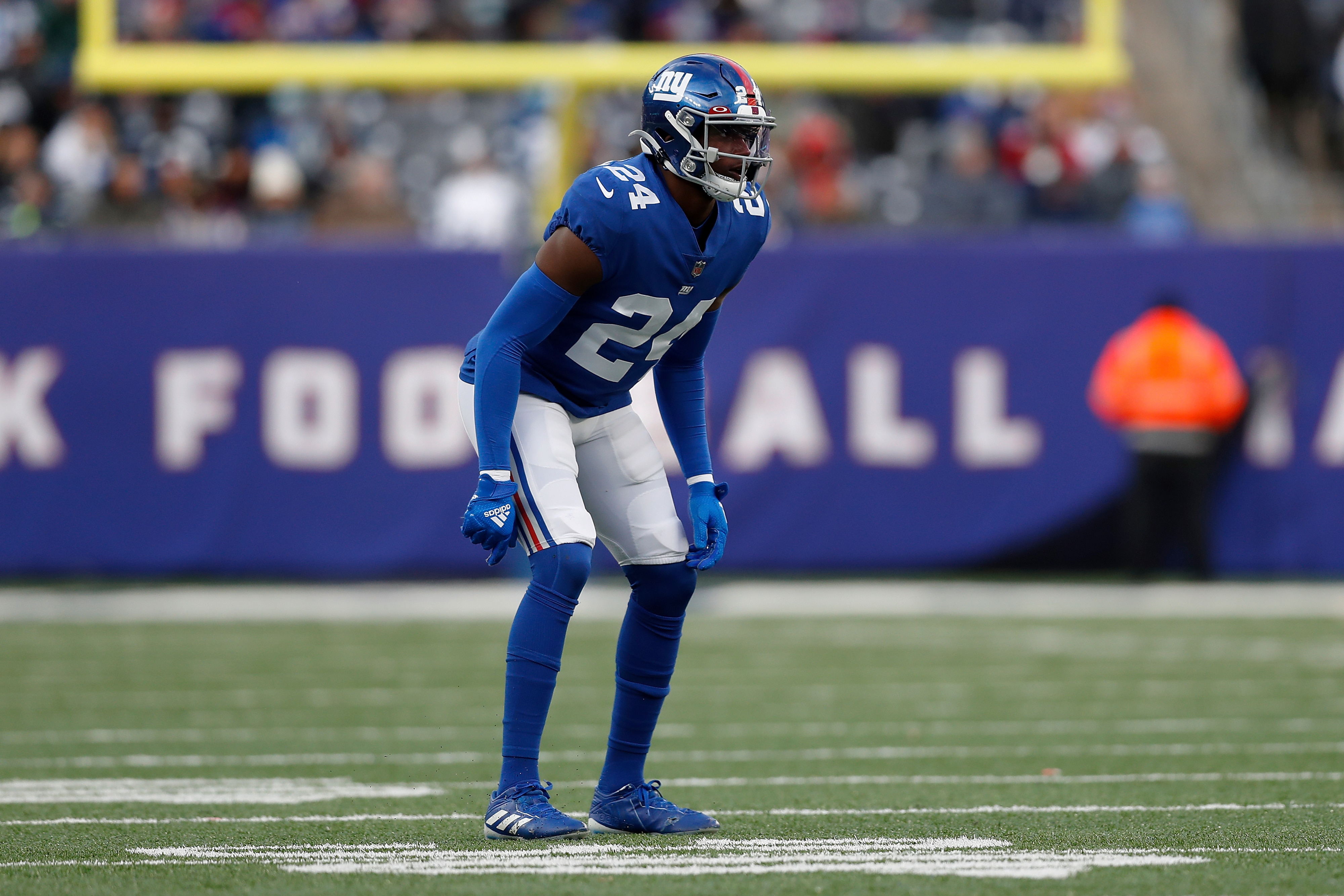 New York Giants cornerback James Bradberry (24) in coverage during an NFL football game against the Dallas Cowboys, Sunday, Dec. 19, 2021, in East Rutherford, N.J. The Dallas Cowboys defeated the New York Giants 21-6. (AP Photo/Steve Luciano)