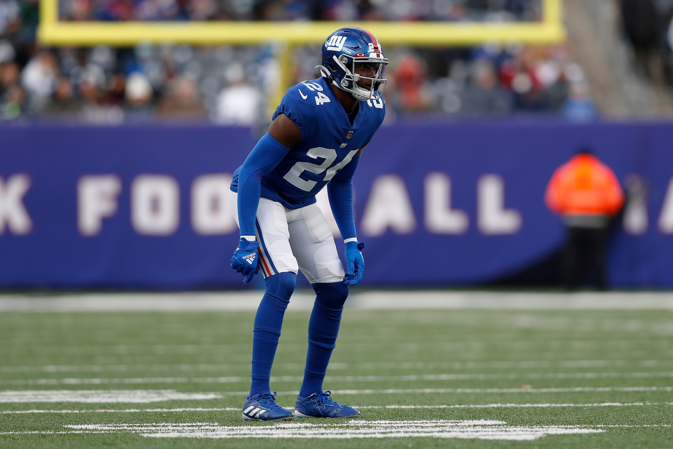 New York Giants cornerback James Bradberry (24) in coverage during an NFL football game against the Dallas Cowboys, Sunday, Dec. 19, 2021, in East Rutherford, N.J. The Dallas Cowboys defeated the New York Giants 21-6. (AP Photo/Steve Luciano) New York Giants cornerback James Bradberry (24) in coverage during an NFL football game against the Dallas Cowboys, Sunday, Dec. 19, 2021, in East Rutherford, N.J. The Dallas Cowboys defeated the New York Giants 21-6. (AP Photo/Steve Luciano)