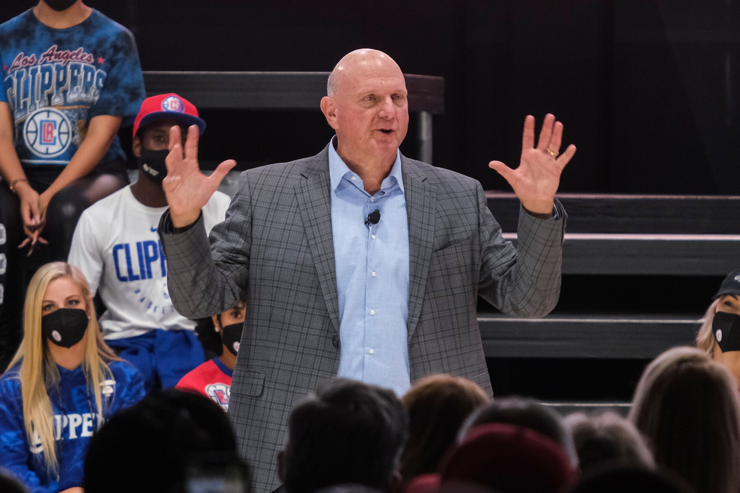 Los Angeles Clippers chairman Steve Ballmer speaks during a groundbreaking ceremony of the Intuit Dome, Friday, Sept. 17, 2021, in Inglewood, Calif. The Clippers' long-awaited, $1.8 billion, the privately funded arena is officially named Intuit Dome. The practice facility, team offices for both business and basketball operations, retail space, and more will all be on the site when it opens in 2024. (AP Photo/Ringo H.W. Chiu) Los Angeles Clippers chairman Steve Ballmer speaks during a groundbreaking ceremony of the Intuit Dome, Friday, Sept. 17, 2021, in Inglewood, Calif. The Clippers' long-awaited, $1.8 billion, the privately funded arena is officially named Intuit Dome. The practice facility, team offices for both business and basketball operations, retail space, and more will all be on the site when it opens in 2024. (AP Photo/Ringo H.W. Chiu)