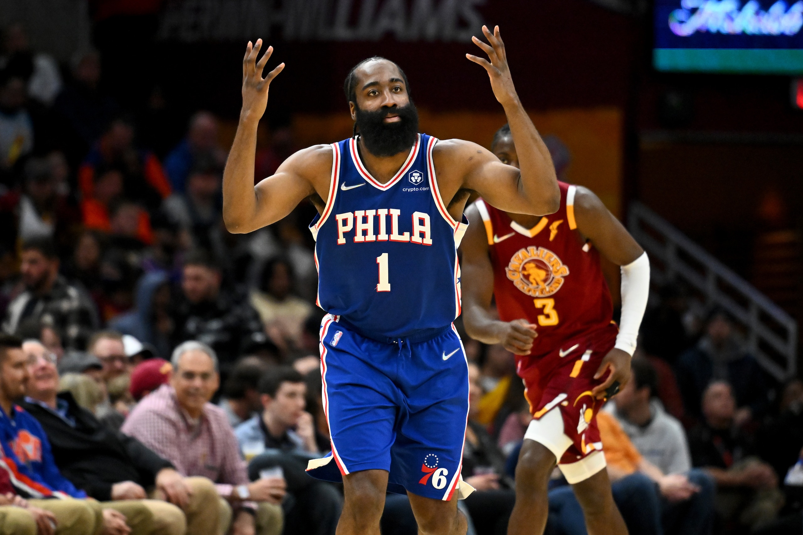 CLEVELAND, OHIO - APRIL 03: James Harden #1 of the Philadelphia 76ers gestures after scoring during the third quarter against the Cleveland Cavaliers at Rocket Mortgage Fieldhouse on April 03, 2022 in Cleveland, Ohio. The 76ers defeated the Cavaliers 112-108. NOTE TO USER: User expressly acknowledges and agrees that, by downloading and/or using this photograph, user is consenting to the terms and conditions of the Getty Images License Agreement. (Photo by Jason Miller/Getty Images) CLEVELAND, OHIO - APRIL 03: James Harden #1 of the Philadelphia 76ers gestures after scoring during the third quarter against the Cleveland Cavaliers at Rocket Mortgage Fieldhouse on April 03, 2022 in Cleveland, Ohio. The 76ers defeated the Cavaliers 112-108. NOTE TO USER: User expressly acknowledges and agrees that, by downloading and/or using this photograph, user is consenting to the terms and conditions of the Getty Images License Agreement. (Photo by Jason Miller/Getty Images)