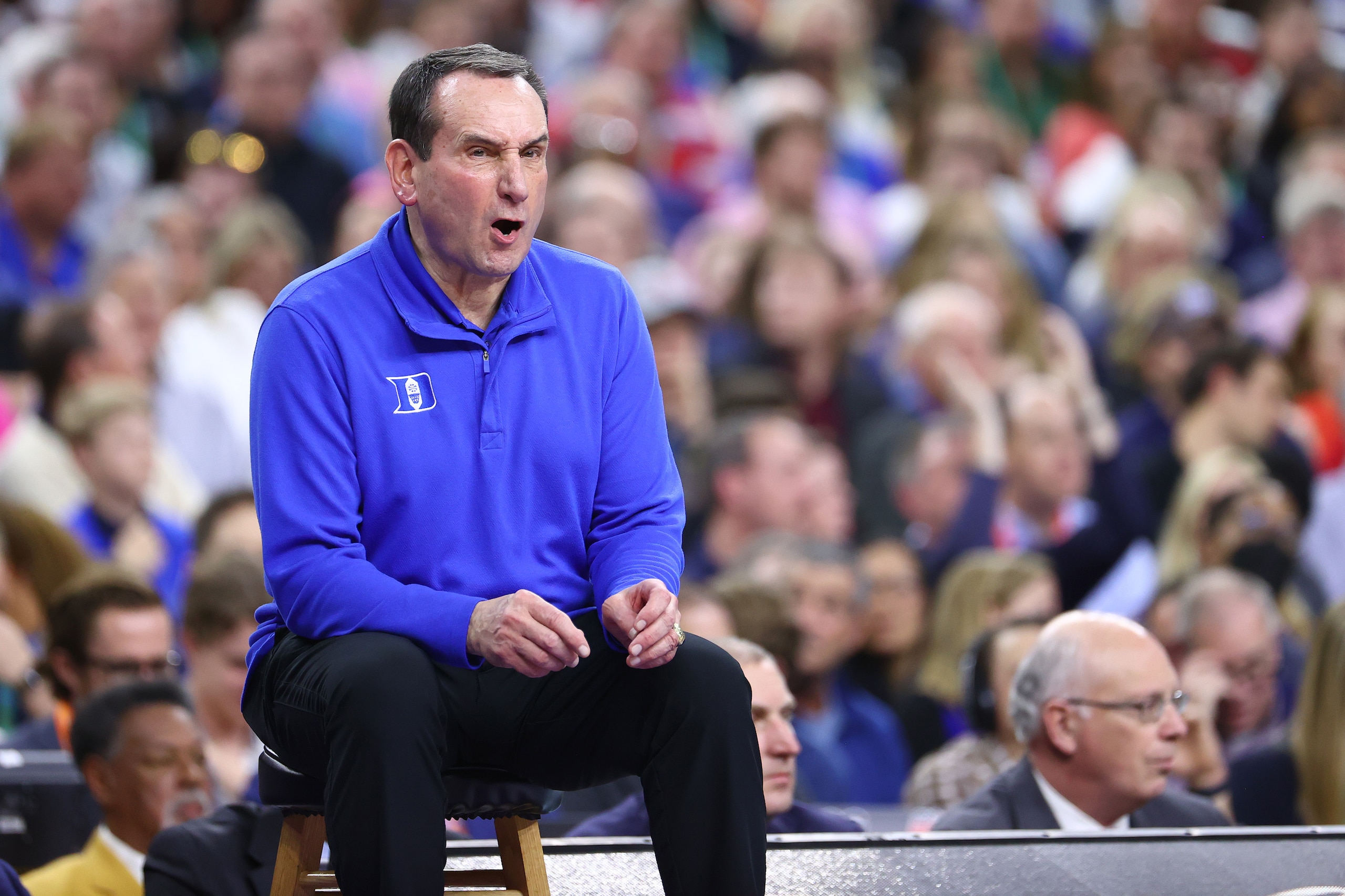 NEW ORLEANS, LOUISIANA - APRIL 02: Head coach Mike Krzyzewski of the Duke Blue Devils looks on against the North Carolina Tar Heels during the semifinal game of the 2022 NCAA Men's Basketball Tournament Final Four at Caesars Superdome on April 02, 2022 in New Orleans, Louisiana. (Photo by Jamie Schwaberow/NCAA Photos via Getty Images)