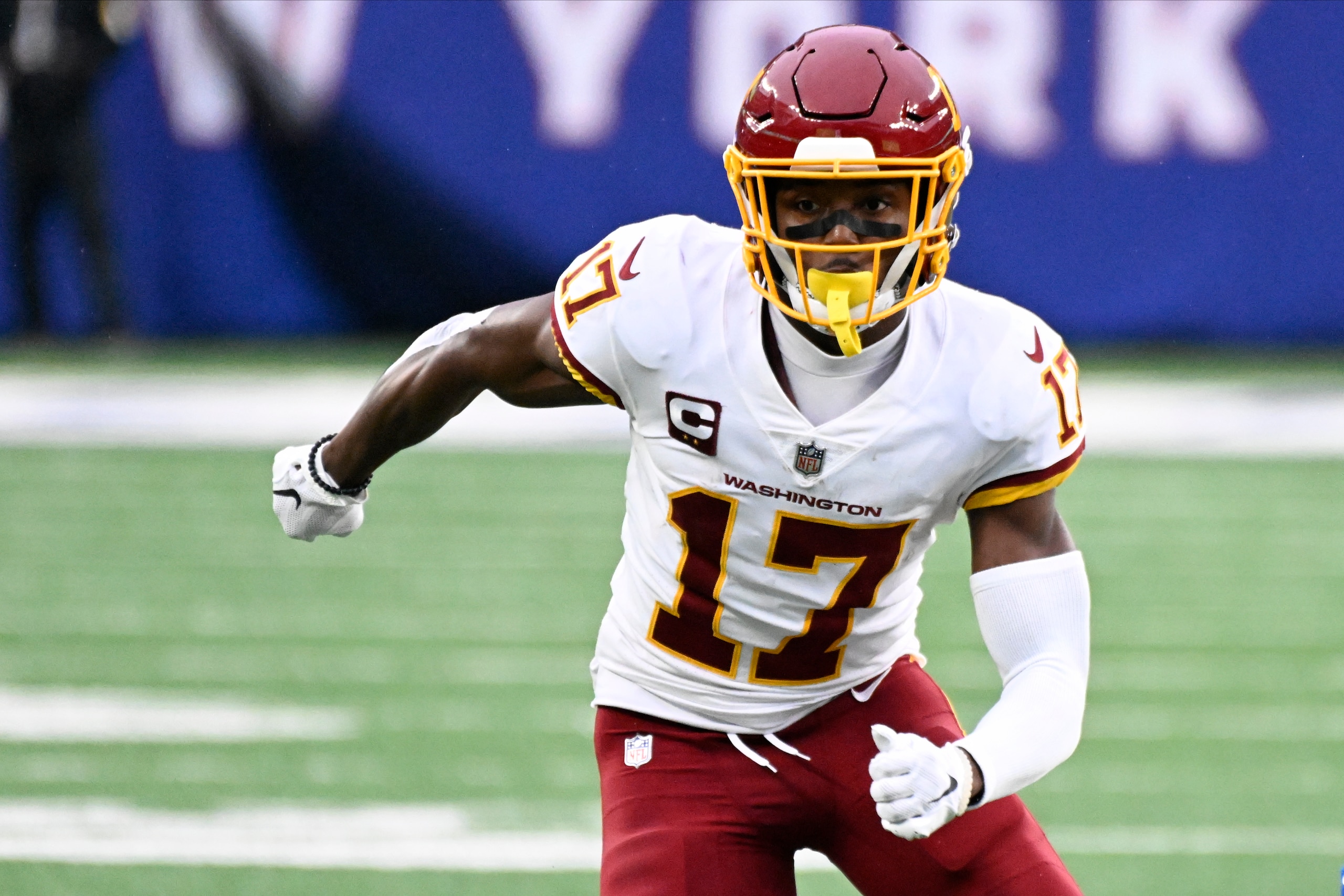 Washington Football Team wide receiver Terry McLaurin (17) during the fourth quarter of an NFL football game against the New York Giants, Sunday, Jan. 9, 2022, in East Rutherford, N.J. (AP Photo/Bill Kostroun)