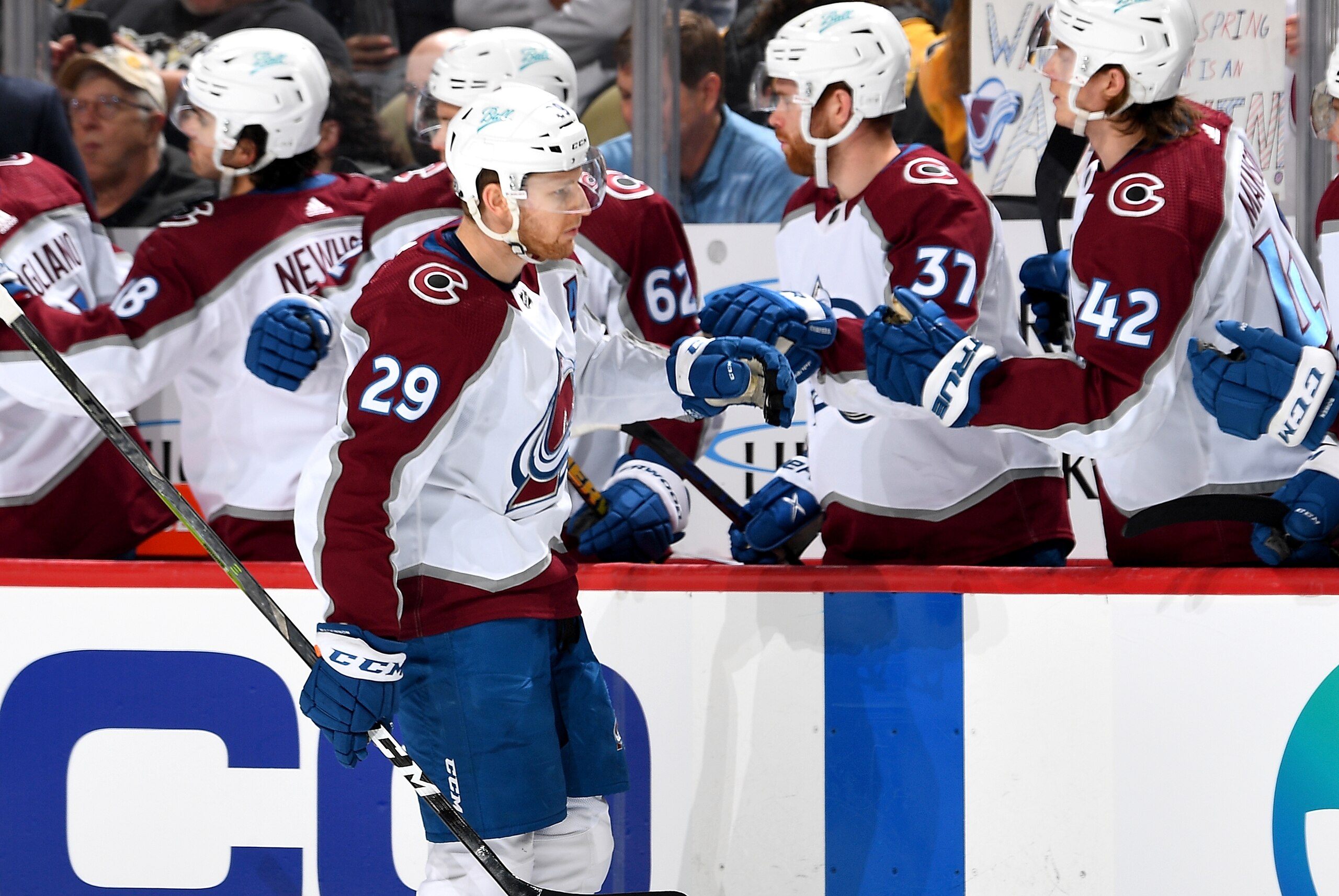 PITTSBURGH, PA - APRIL 05:  Nathan MacKinnon #29 of the Colorado Avalanche celebrates his first period goal against the Pittsburgh Penguins at PPG PAINTS Arena on April 5, 2022 in Pittsburgh, Pennsylvania. (Photo by Joe Sargent/NHLI via Getty Images)