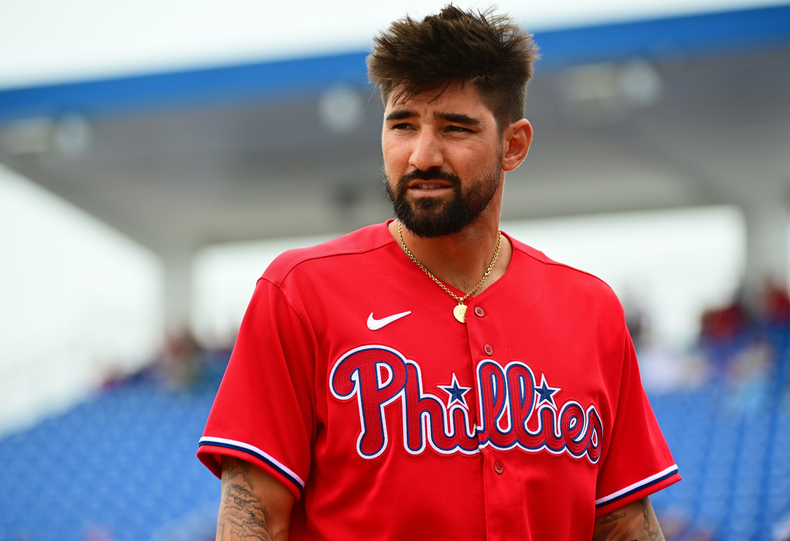 DUNEDIN, FLORIDA - APRIL 02: Nick Castellanos #8 of the Philadelphia Phillies looks on prior to a game against the Toronto Blue Jays during a Grapefruit League spring training game at TD Ballpark on April 02, 2022 in Dunedin, Florida. (Photo by Julio Aguilar/Getty Images)