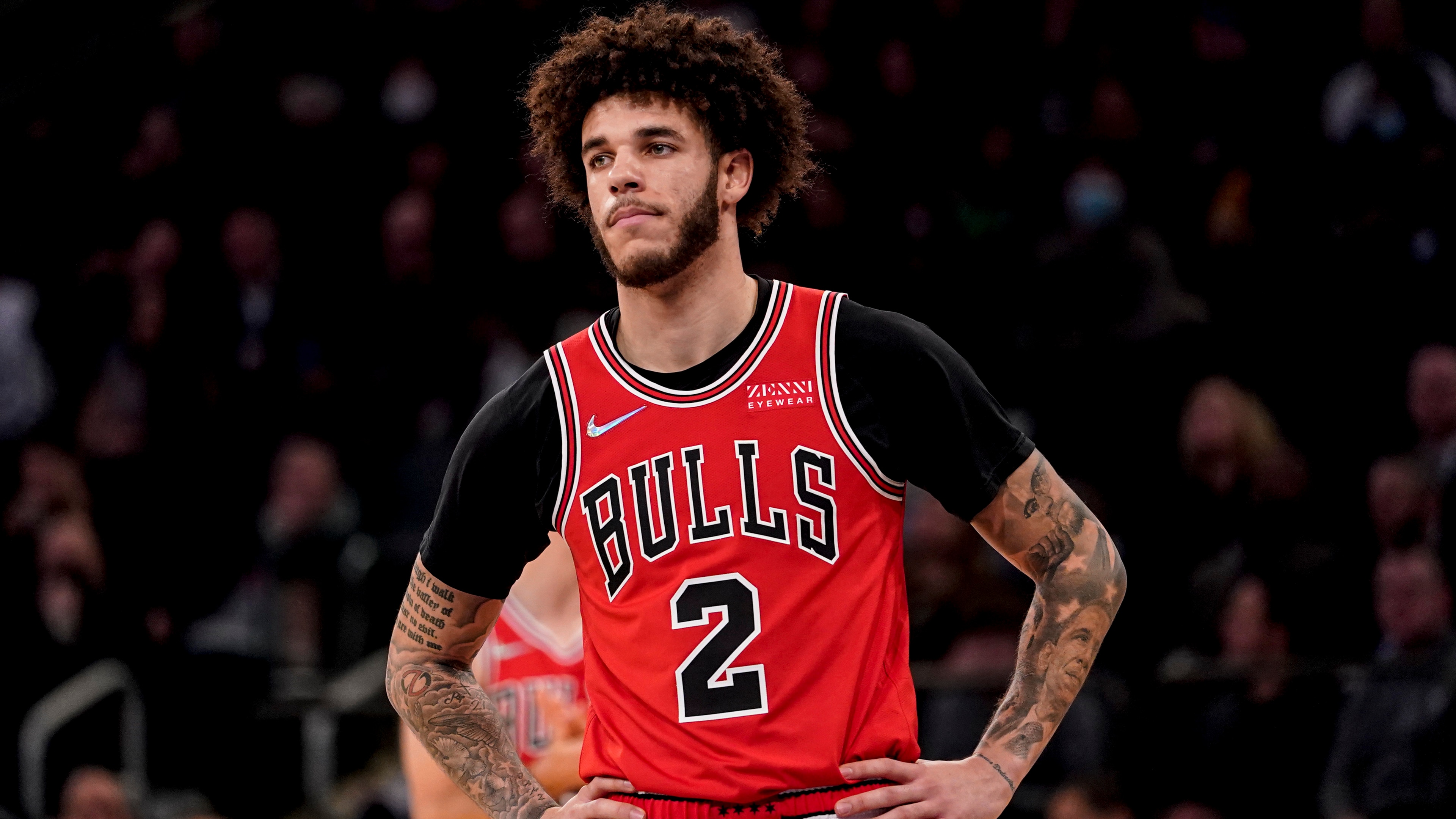 Chicago Bulls guard Lonzo Ball (2) during NBA action against New York Knicks, Thursday Dec. 2, 2021, in New York. (AP Photo/Mary Altaffer)